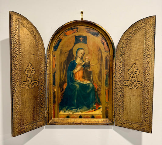Vintage Florentine Gold Gilt Wooden Triptych Fra Angelico Madonna and Child Altar Shrine