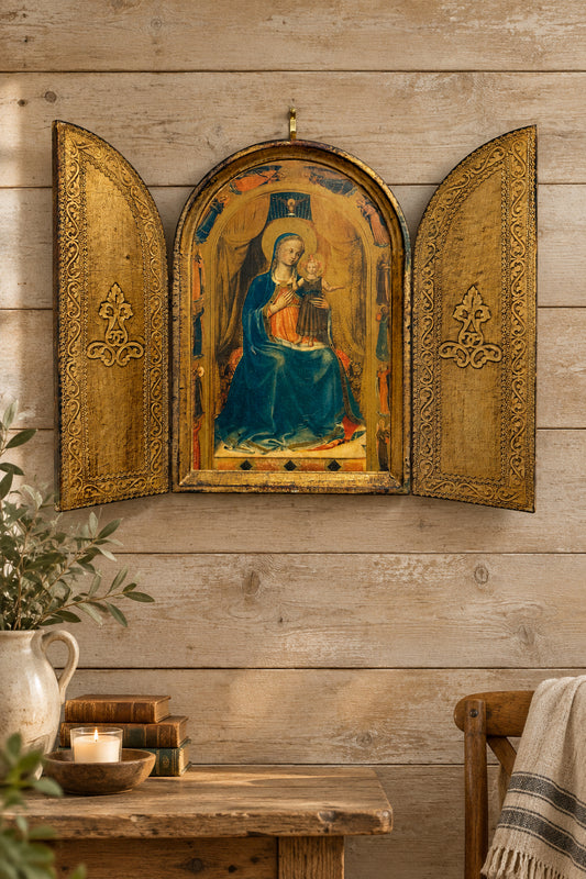Vintage Florentine Gold Gilt Wooden Triptych Fra Angelico Madonna and Child Altar Shrine