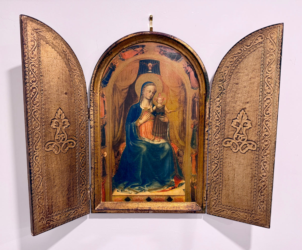 Vintage Florentine Gold Gilt Wooden Triptych – Fra Angelico Madonna and Child Altar Shrine