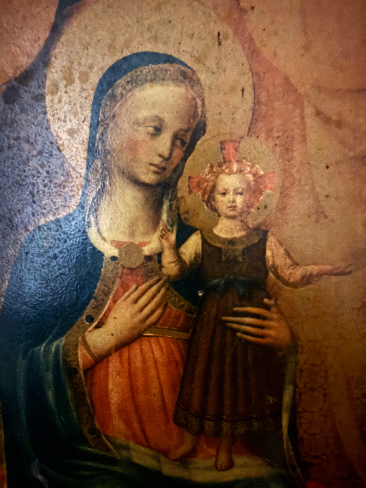 Vintage Florentine Gold Gilt Wooden Triptych – Fra Angelico Madonna and Child Altar Shrine