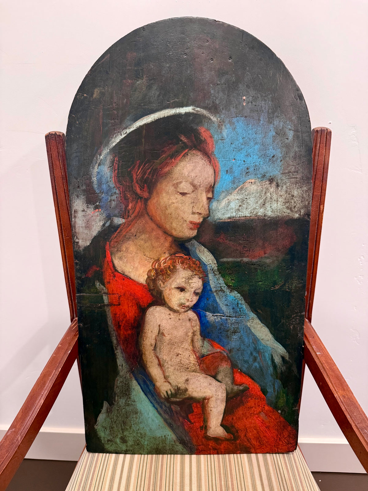 Antique Italian Wood Panel Painting – Rustic Madonna & Child Icon