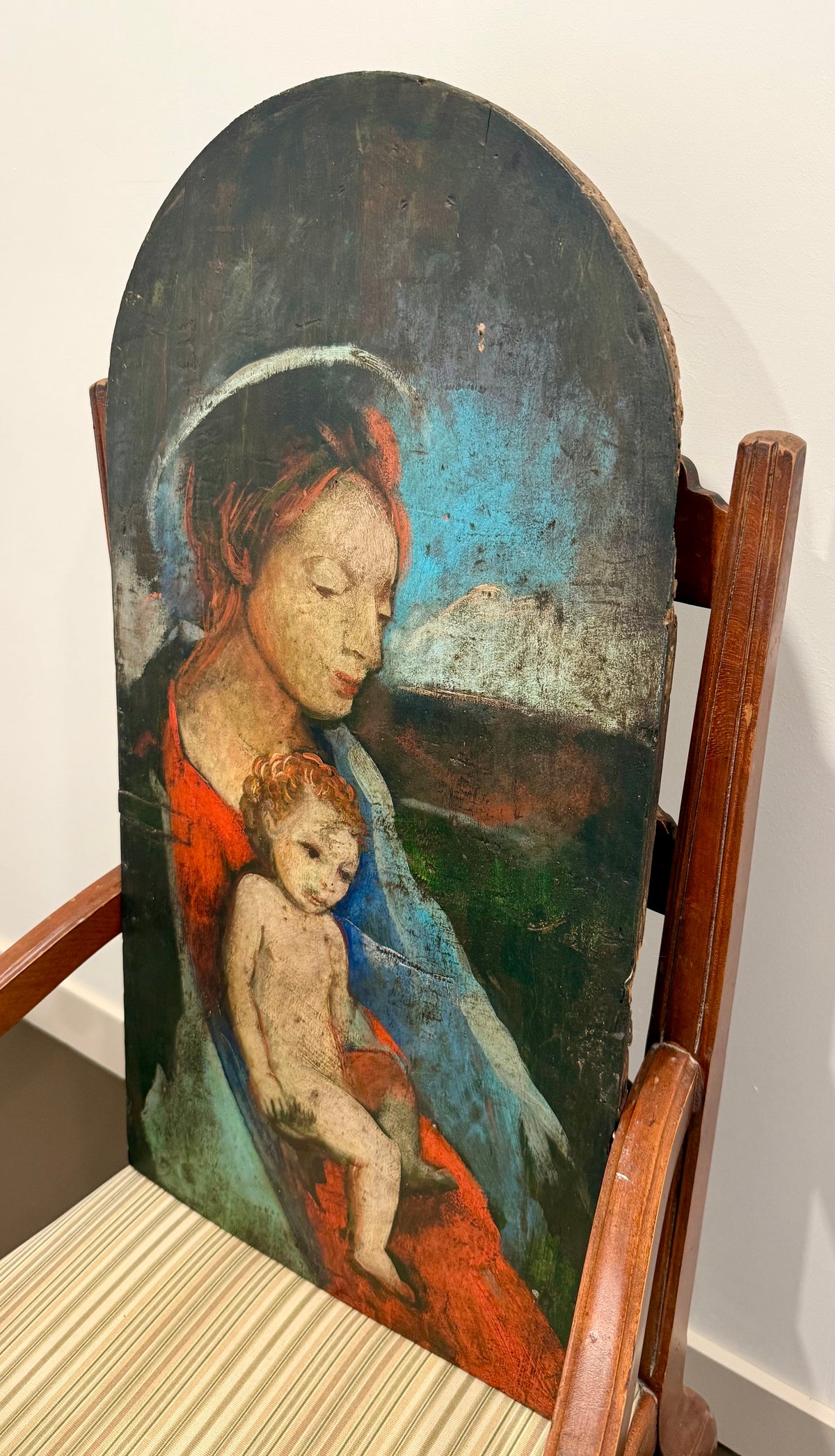 Antique Italian Wood Panel Painting – Rustic Madonna & Child Icon