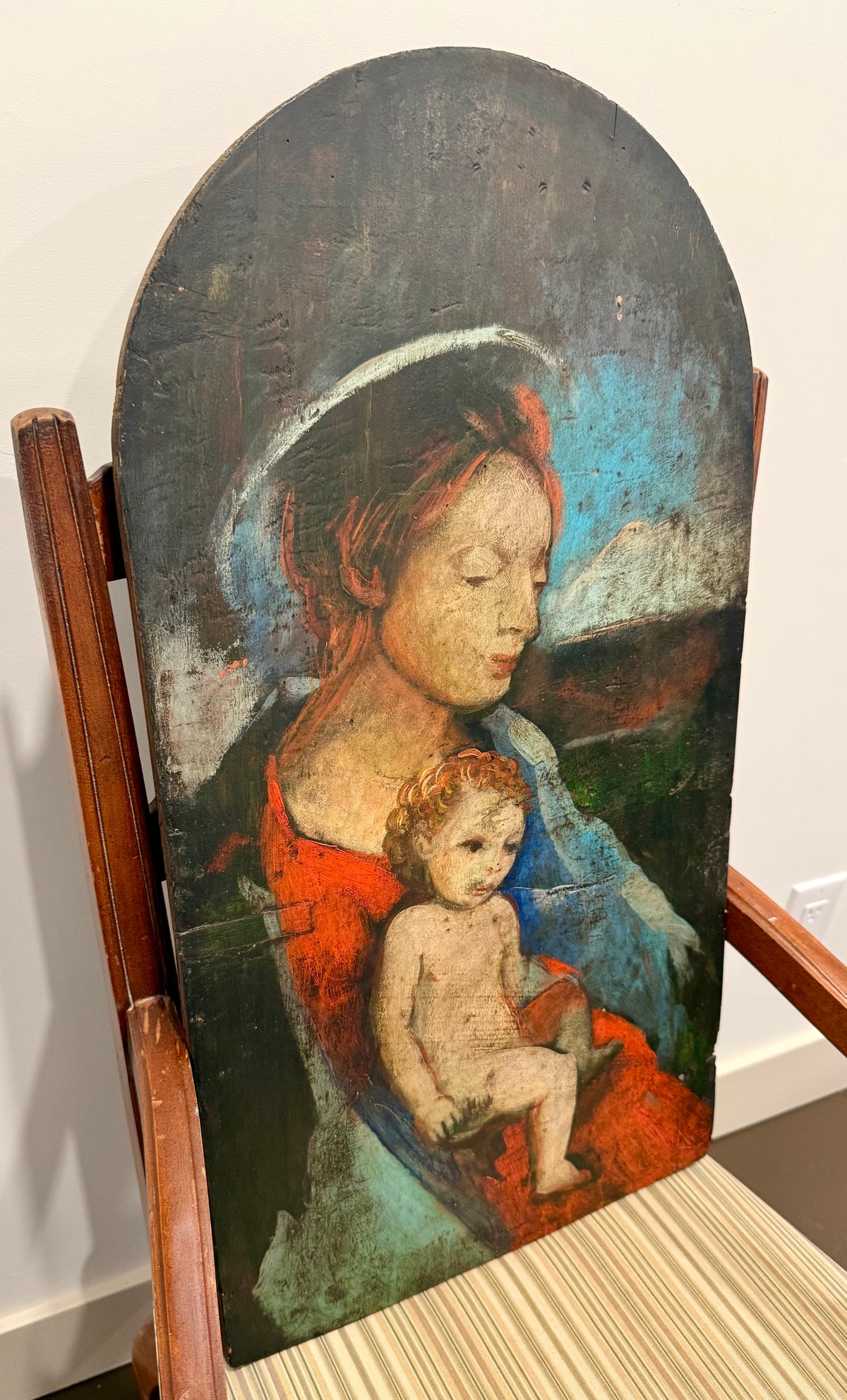 Antique Italian Wood Panel Painting – Rustic Madonna & Child Icon
