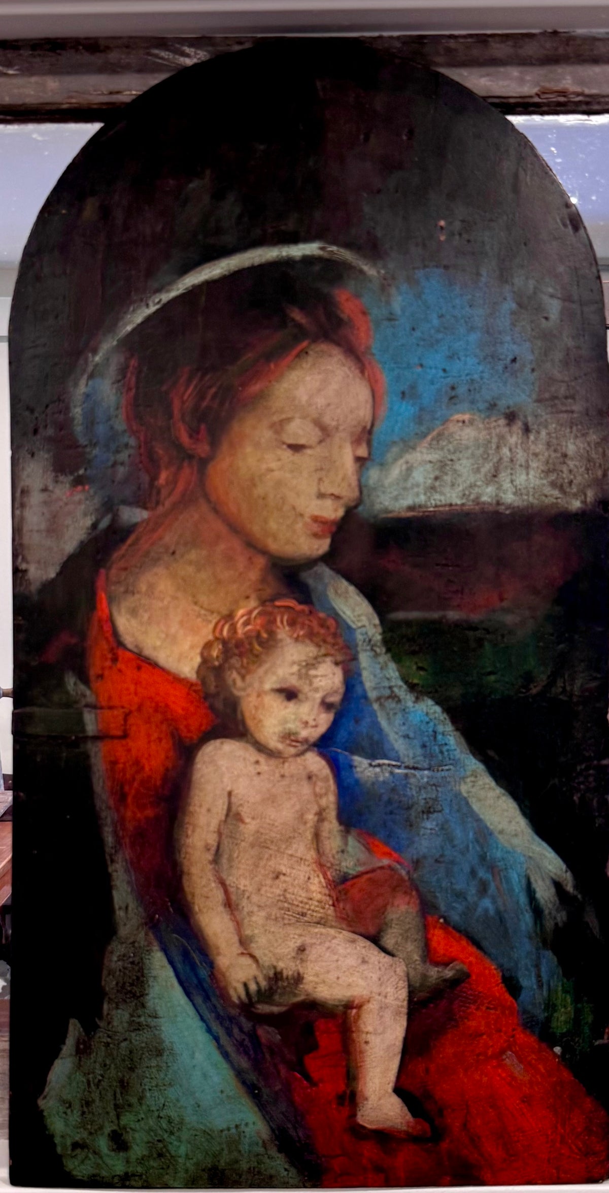 Antique Italian Wood Panel Painting – Rustic Madonna & Child Icon