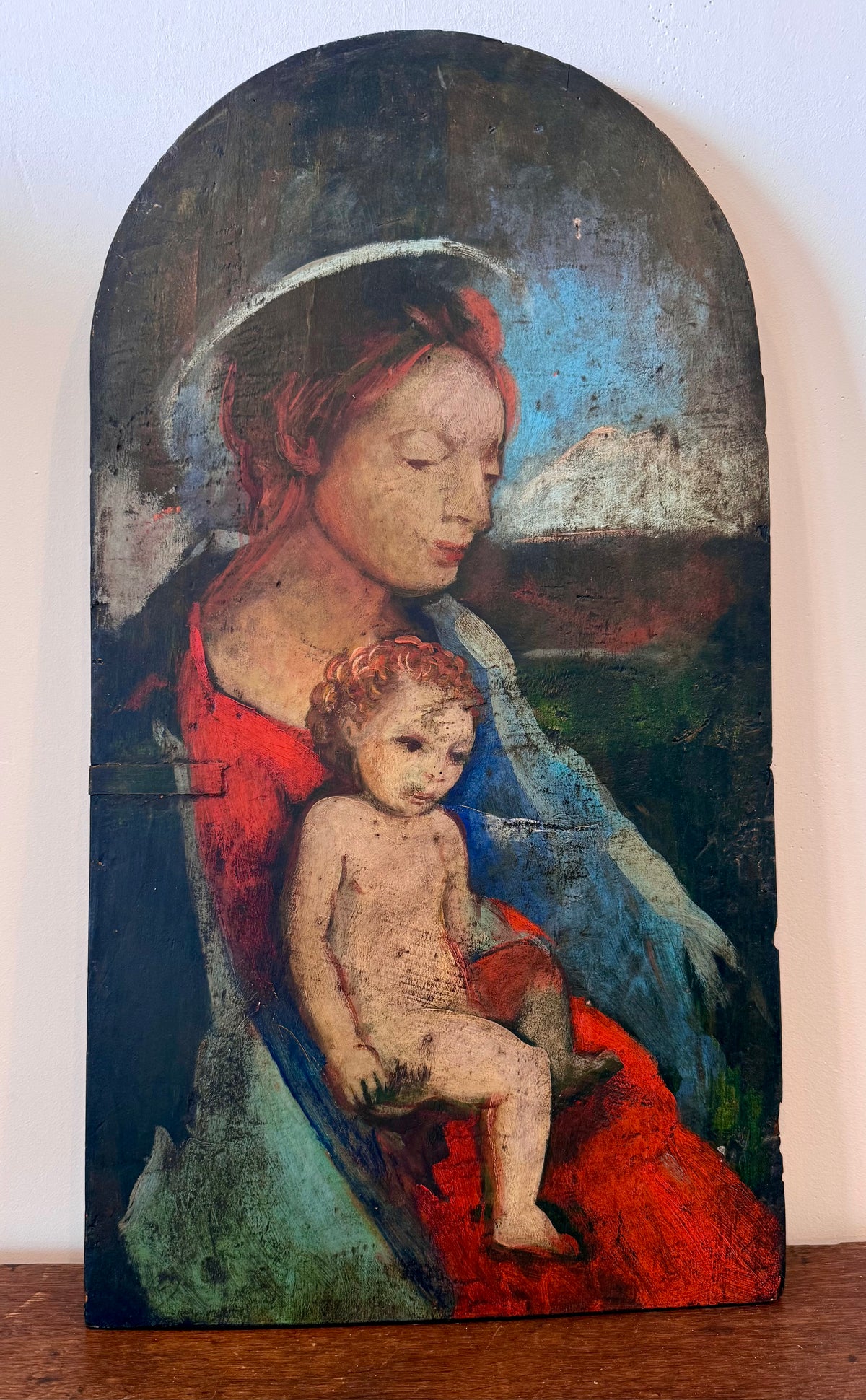 Antique Italian Wood Panel Painting – Rustic Madonna & Child Icon
