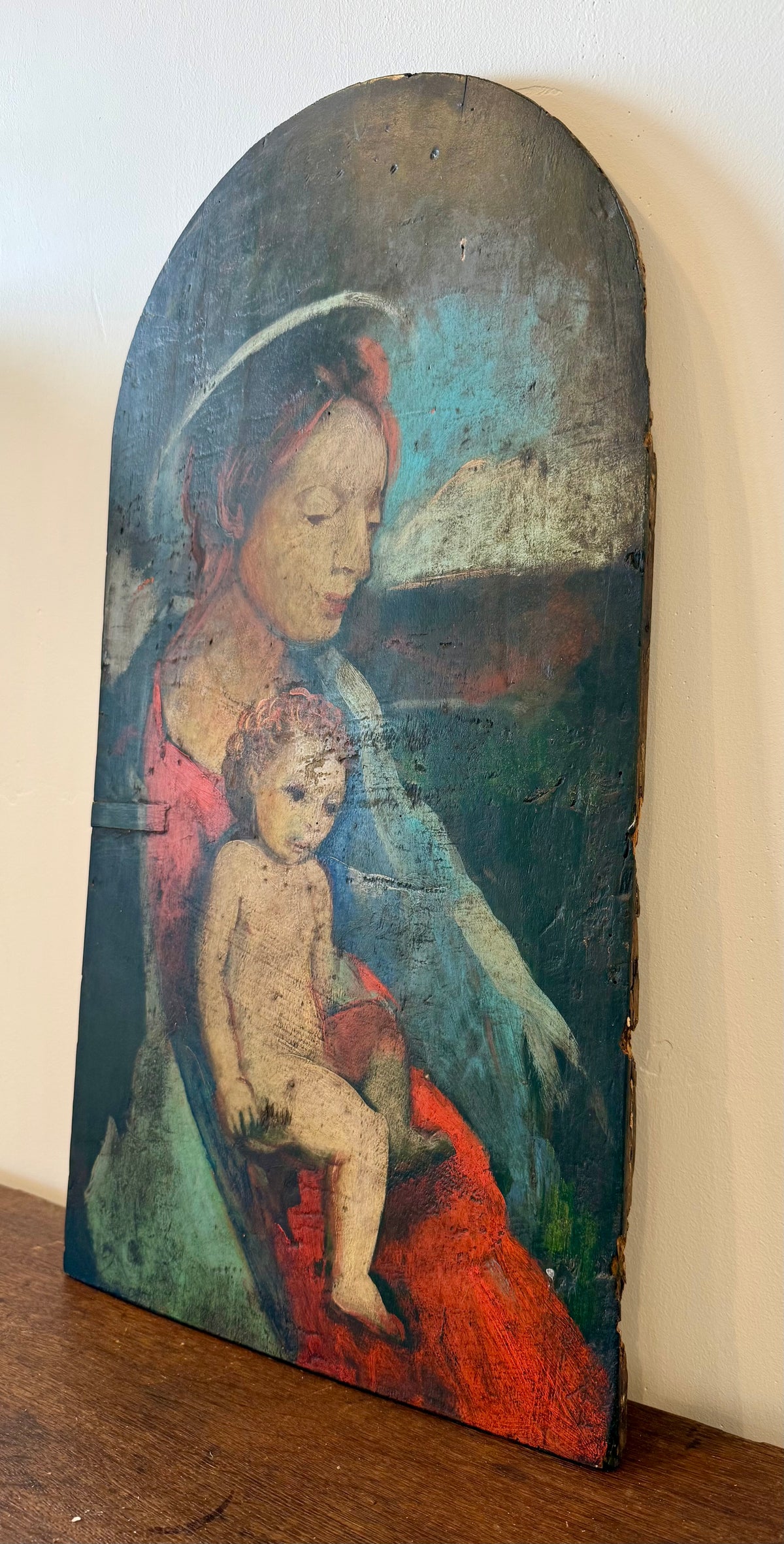 Antique Italian Wood Panel Painting – Rustic Madonna & Child Icon