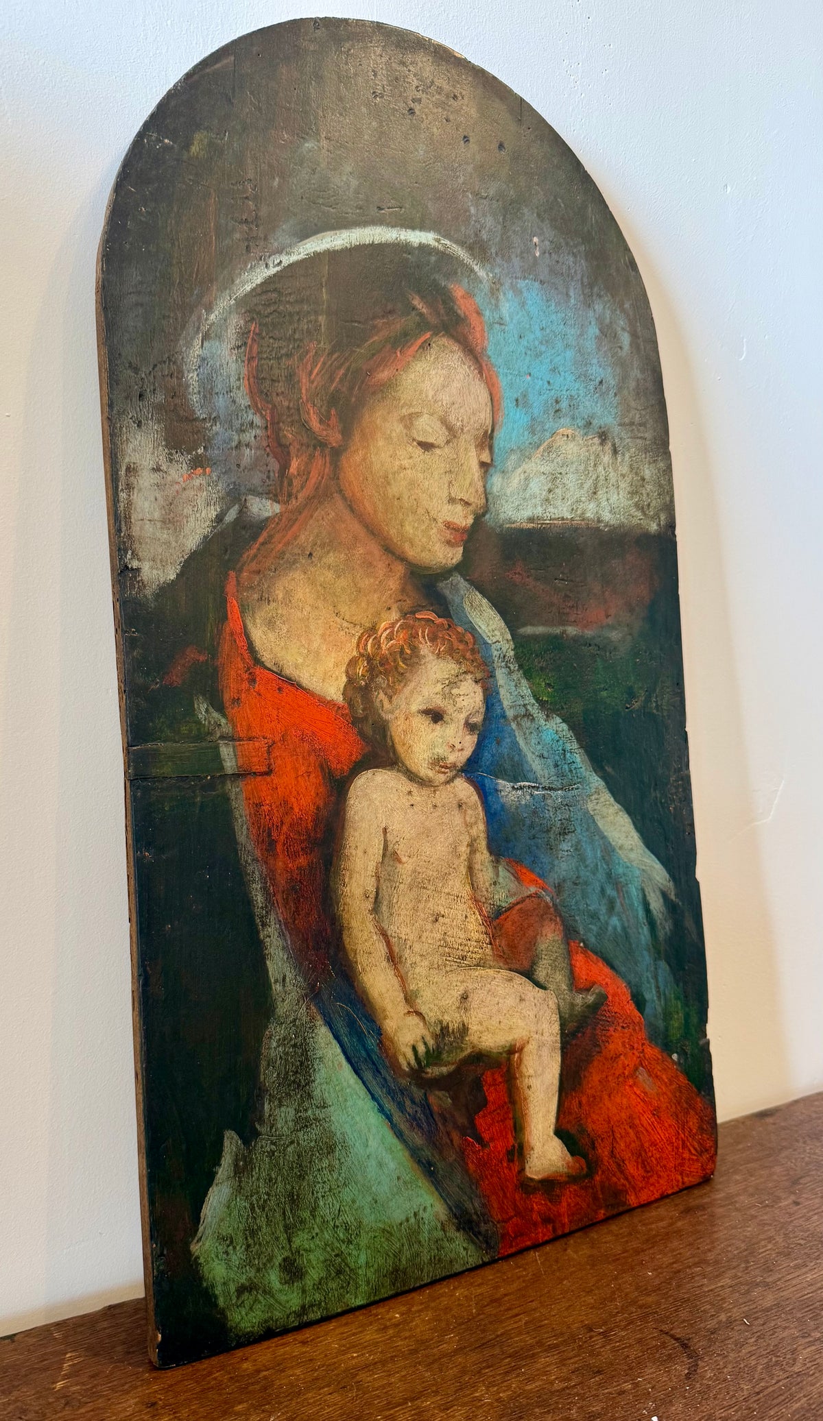 Antique Italian Wood Panel Painting – Rustic Madonna & Child Icon