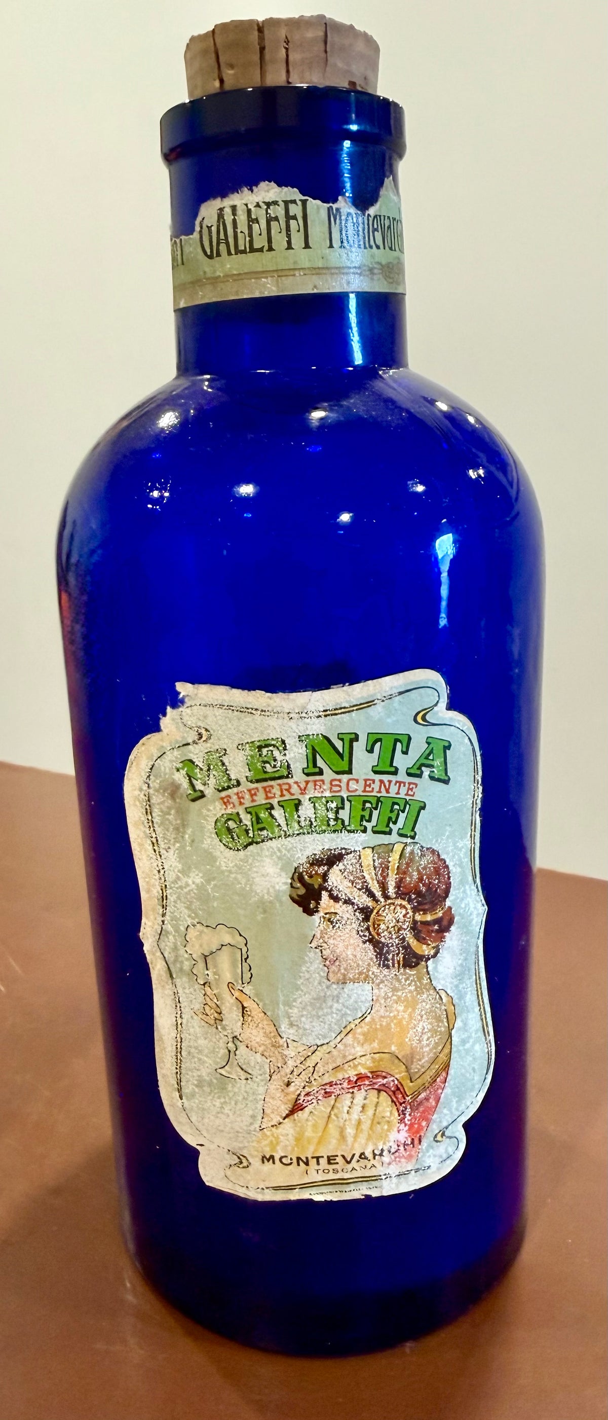 Large 9.5" Vintage Italian Galeffi Cobalt Blue Apothecary Bottle - Menta Effervescent (Mint)