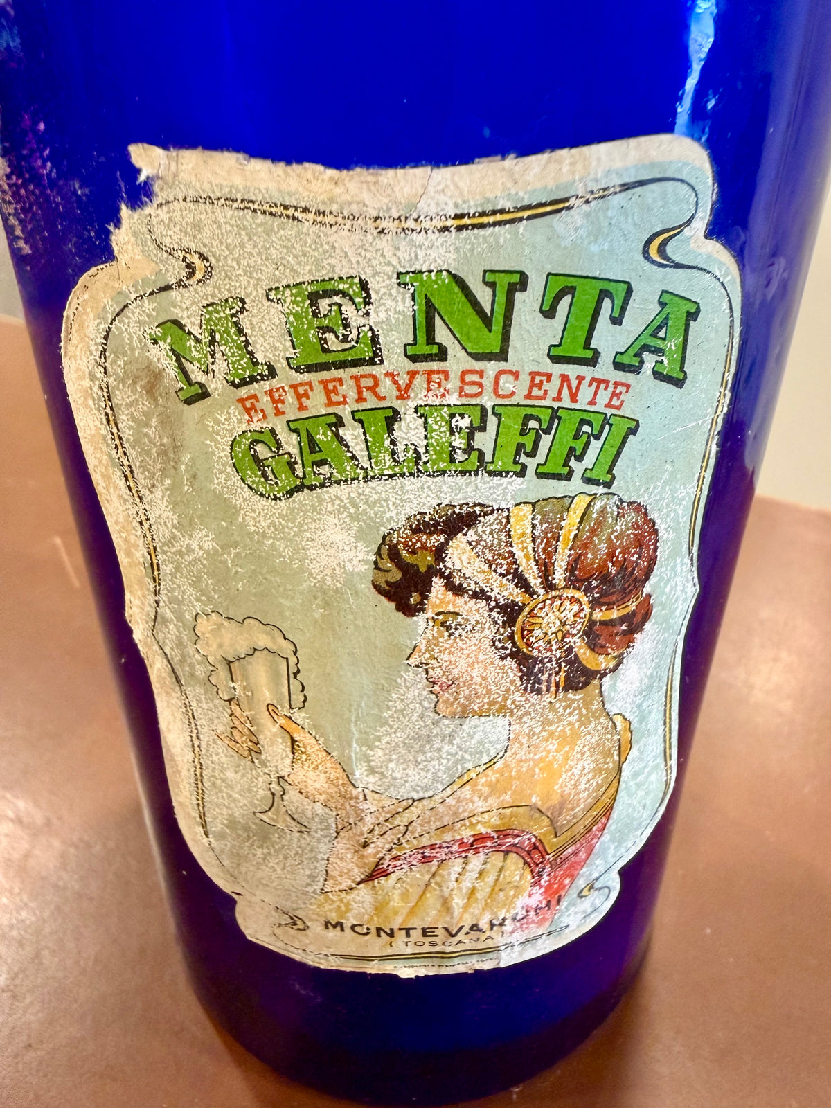 Large 9.5" Vintage Italian Galeffi Cobalt Blue Apothecary Bottle - Menta Effervescent (Mint)