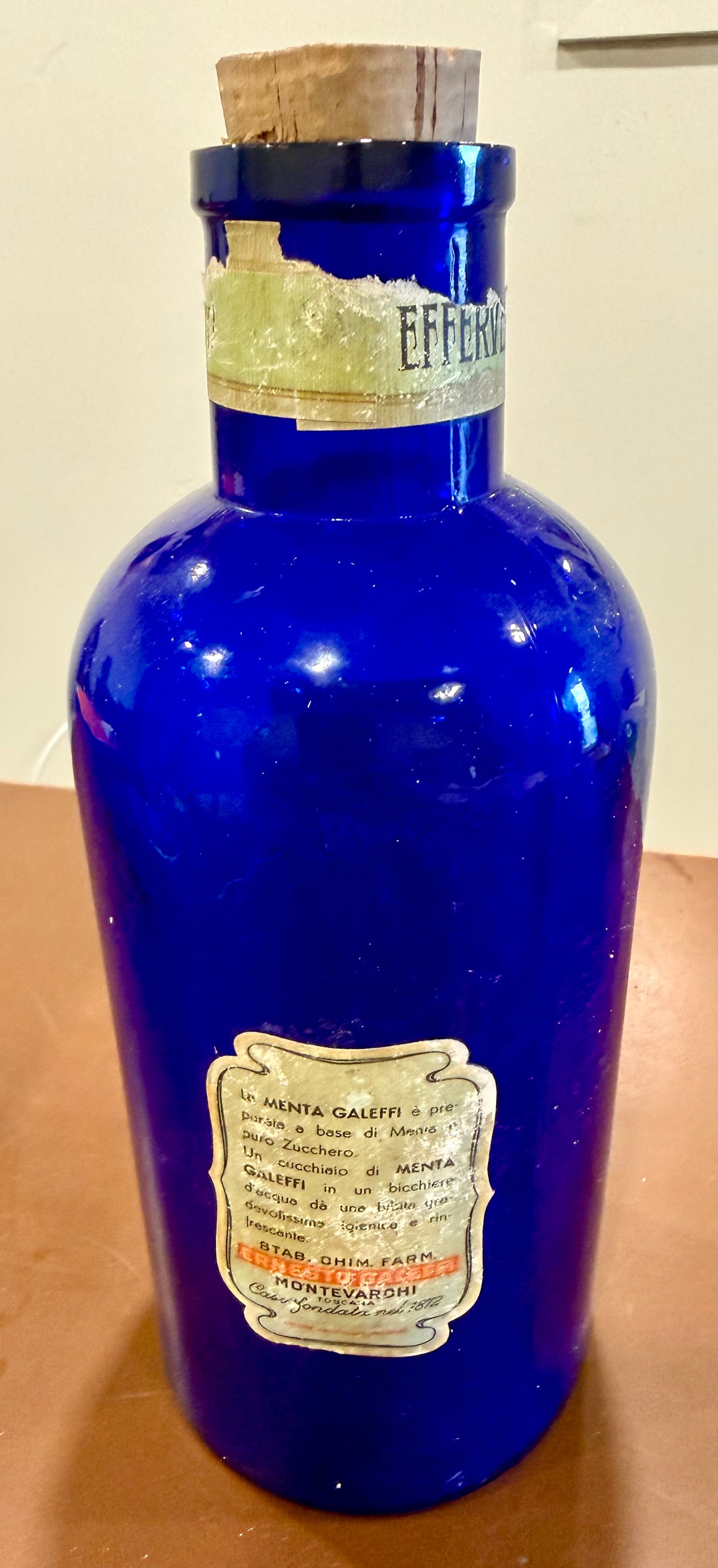 Large 9.5" Vintage Italian Galeffi Cobalt Blue Apothecary Bottle - Menta Effervescent (Mint)