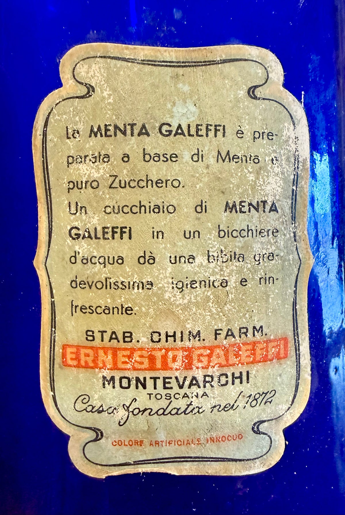 Large 9.5" Vintage Italian Galeffi Cobalt Blue Apothecary Bottle - Menta Effervescent (Mint)