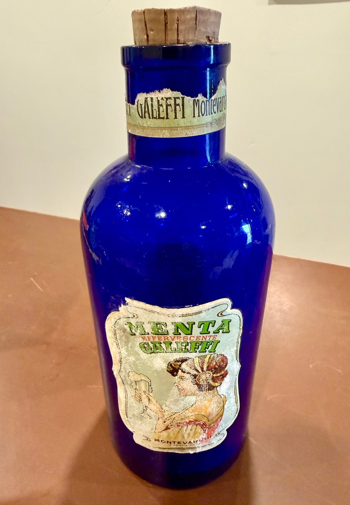 Large 9.5" Vintage Italian Galeffi Cobalt Blue Apothecary Bottle - Menta Effervescent (Mint)