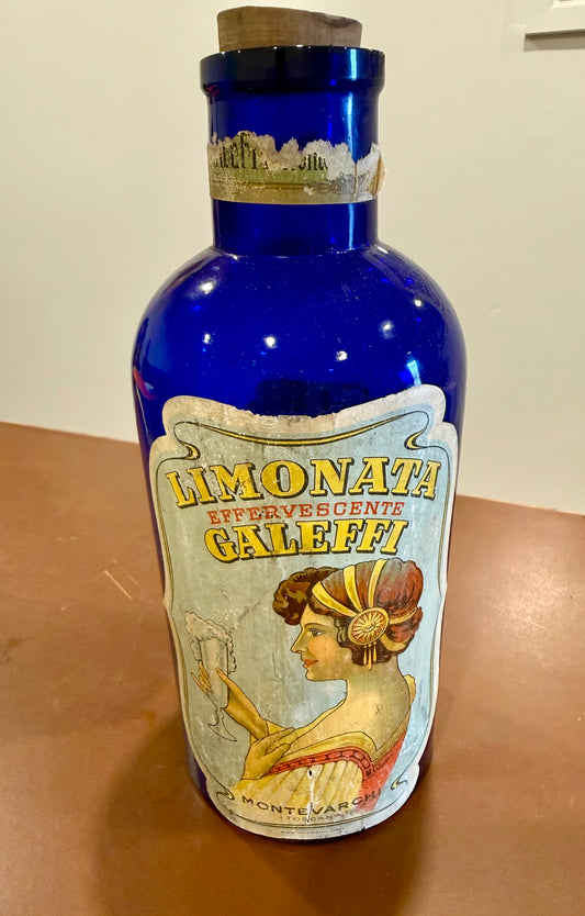 Antique Cobalt Blue Galeffi Bottle - Vintage Italian Effervescente Limonata Apothecary Jar with Original Cork