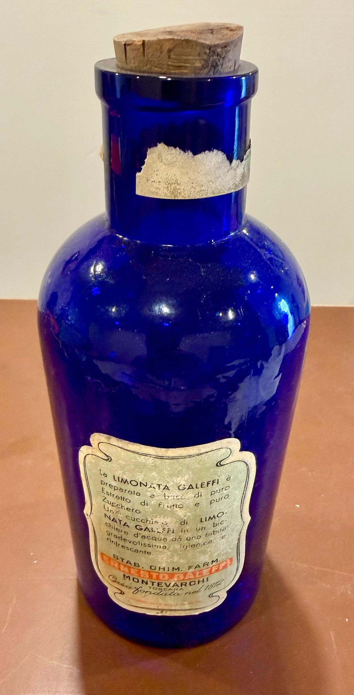 Vintage Italian Cobalt Blue Glass Apothecary Bottle – Large 9.5" Galeffi Limonata Effervescente (1000ml)
