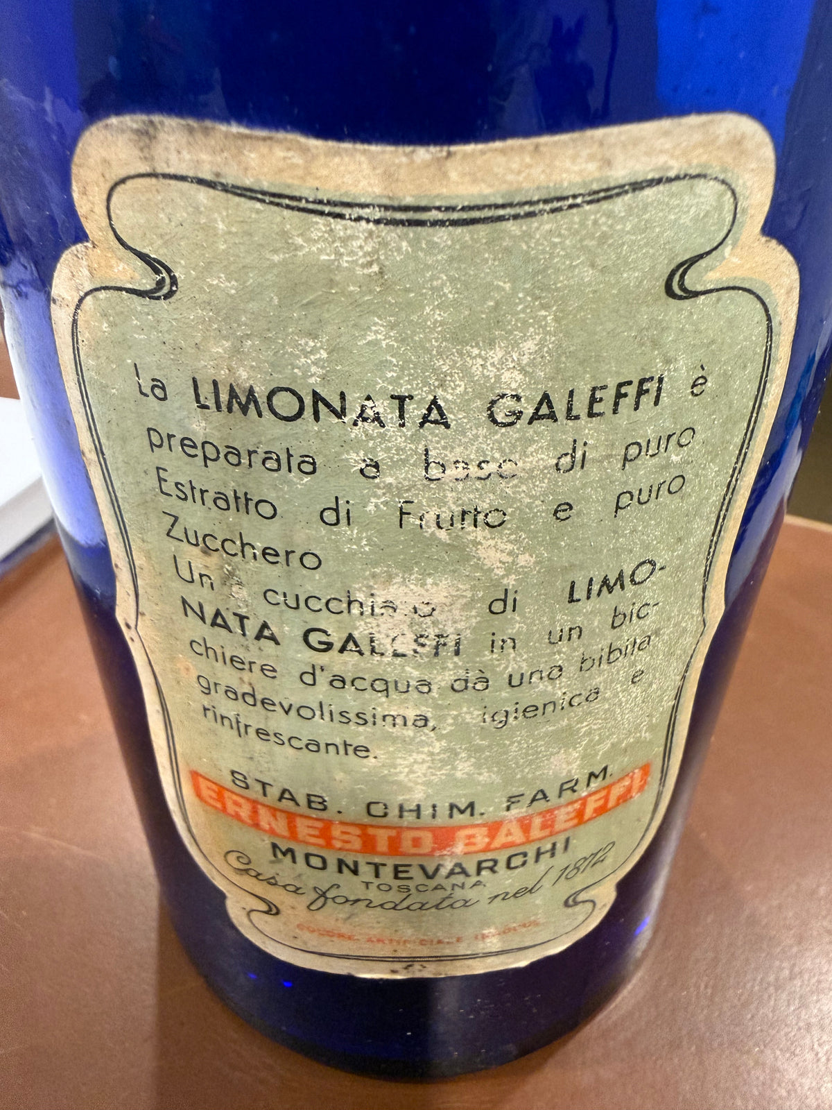 Vintage Italian Cobalt Blue Glass Apothecary Bottle – Large 9.5" Galeffi Limonata Effervescente (1000ml)