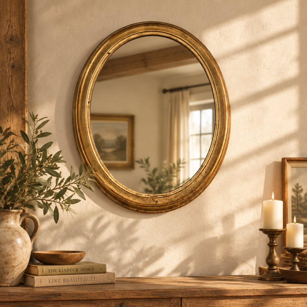 An oval wall mirror with a distressed gold frame hangs on a textured cream wall above a rustic wooden console table. The scene is styled with a ceramic vase of greenery, stacked books, and lit candles, with warm sunlight casting soft shadows across the wall and tabletop.