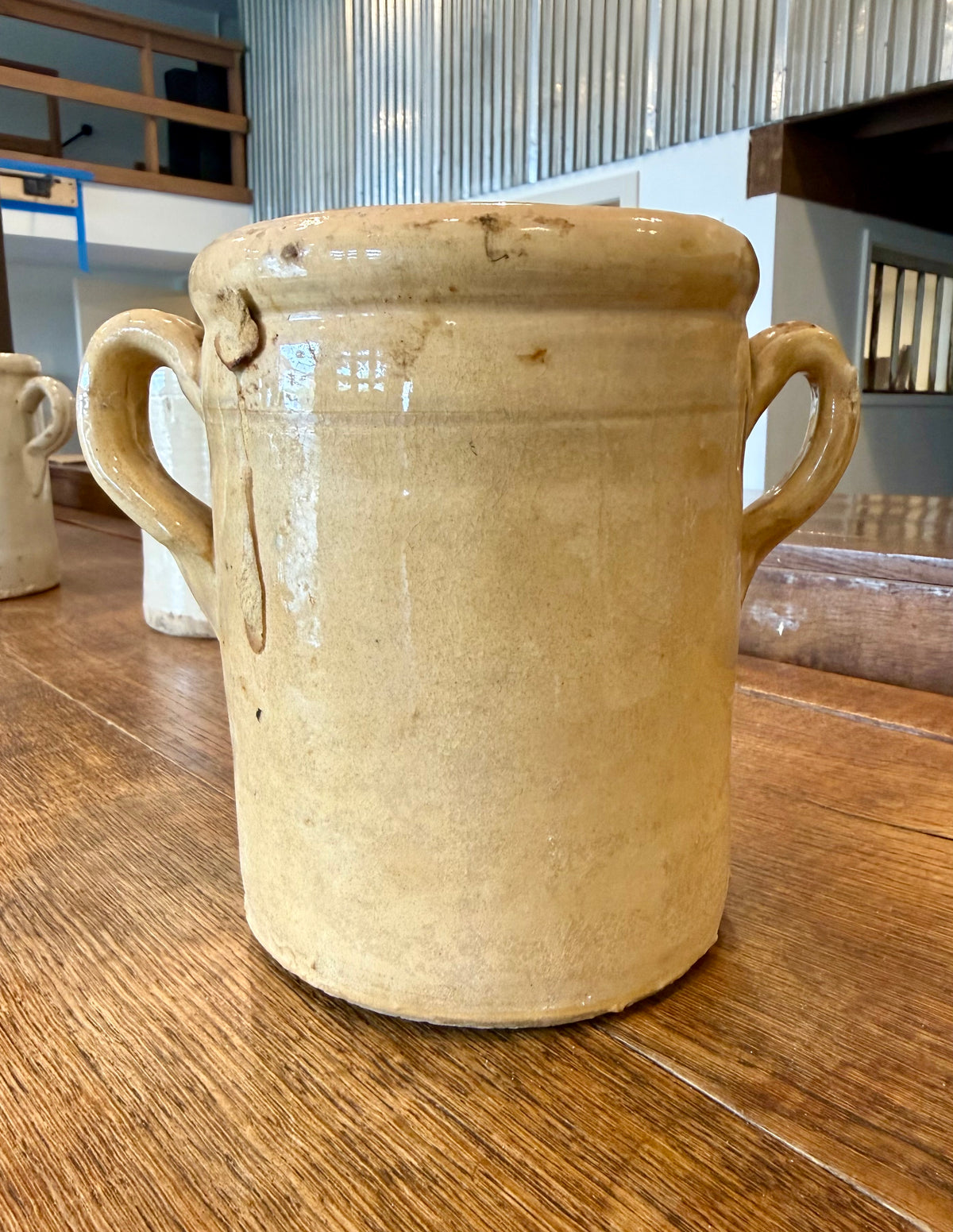 19th Century Antique Italian Glazed Terracotta Confit Pot / Sardine Crock with Double Loop Handles (#1)