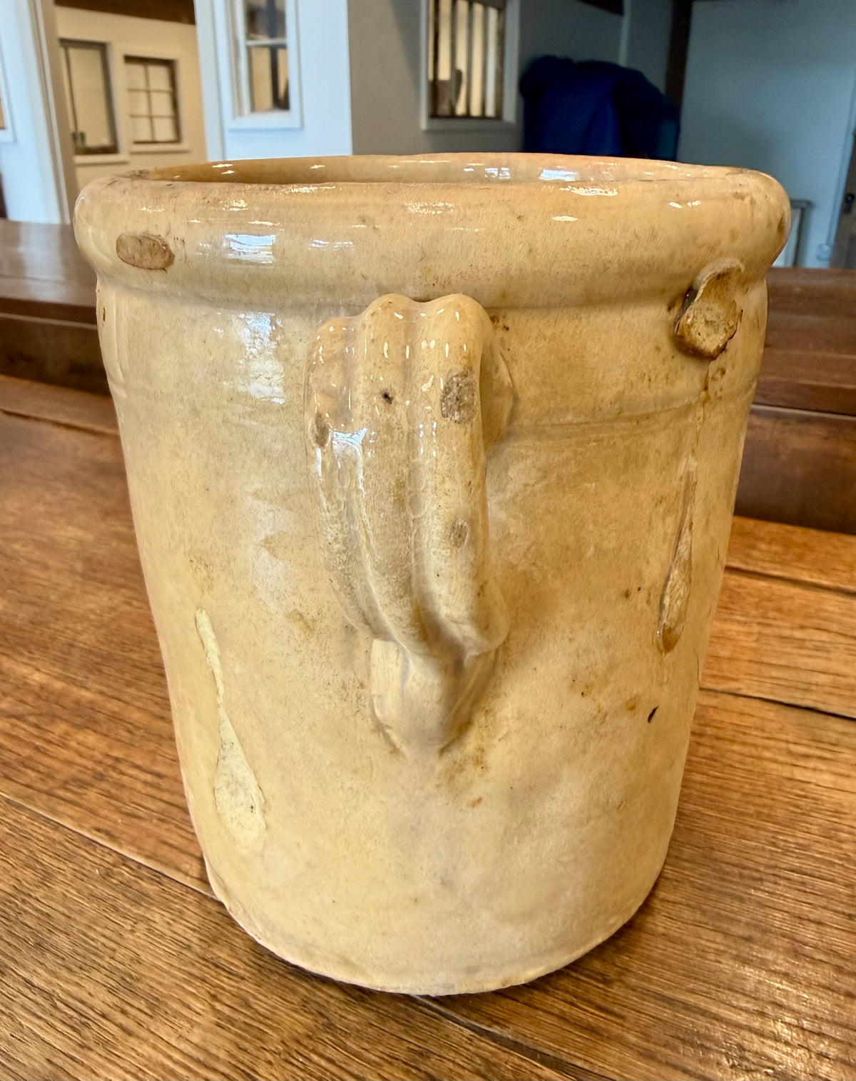 19th Century Antique Italian Glazed Terracotta Confit Pot / Sardine Crock with Double Loop Handles (#1)