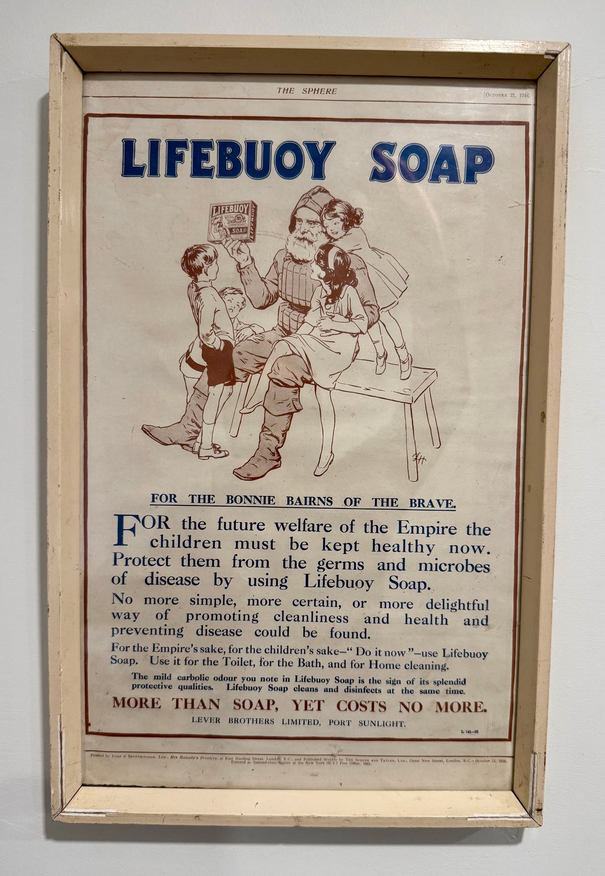 Original 1916 WWI Lifebuoy Soap Framed Print Advertisement – "The Sphere"