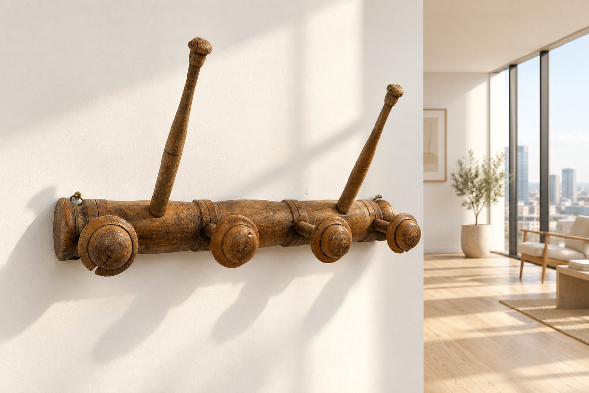 Antique French Faux Bamboo Wooden Coat Rack - 4-Peg Wall Mount Hat Hanger