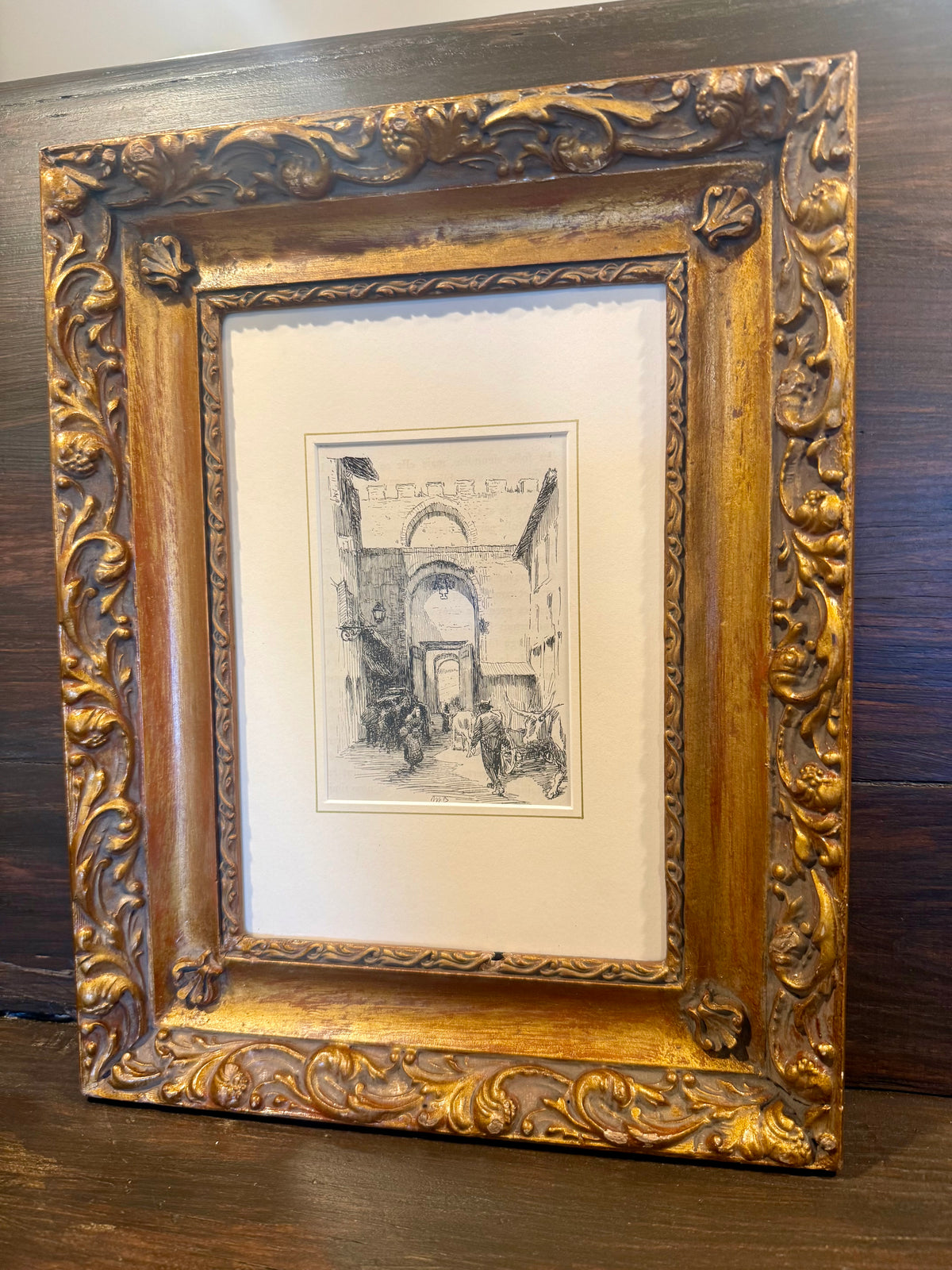 Antique 1903 Nelly Erichsen "Porta Romana, Siena" Italian Architecture Book Plate Print in Ornate Baroque Revival Gilt Frame