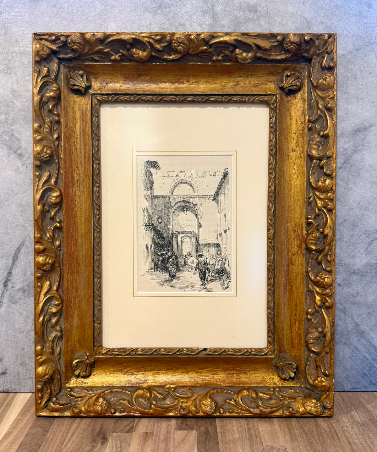 Antique 1903 Nelly Erichsen "Porta Romana, Siena" Italian Architecture Book Plate Print in Ornate Baroque Revival Gilt Frame