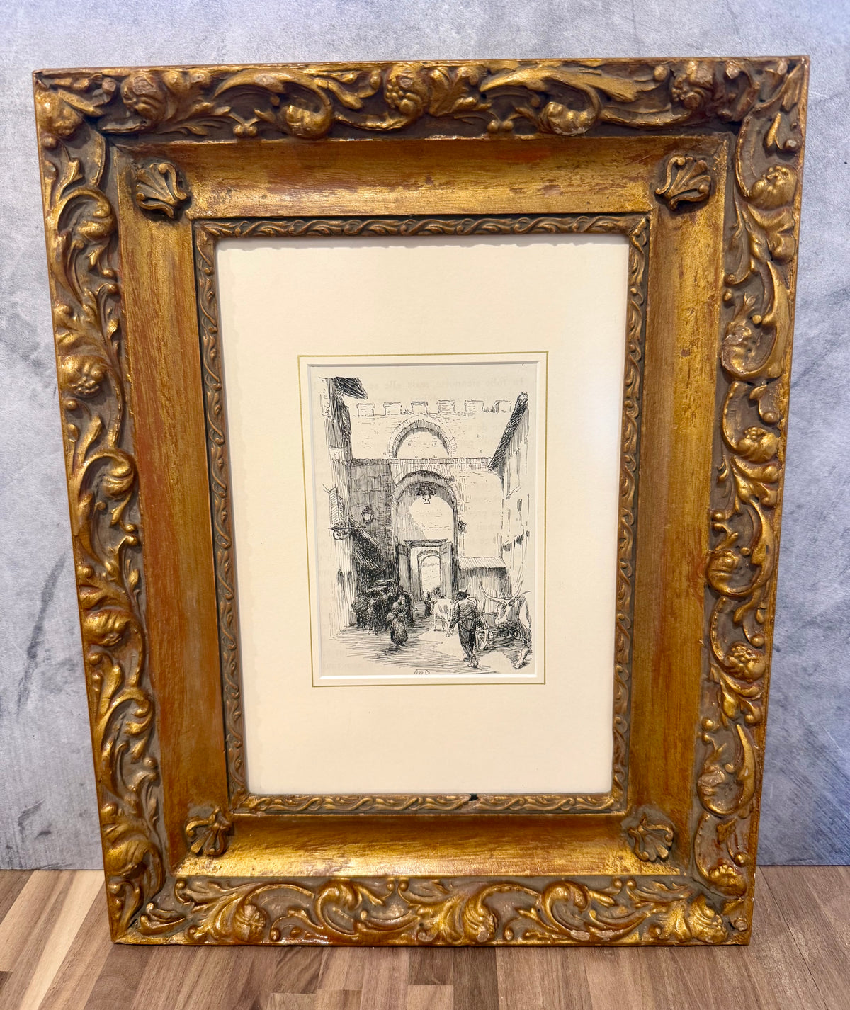 Antique 1903 Nelly Erichsen "Porta Romana, Siena" Italian Architecture Book Plate Print in Ornate Baroque Revival Gilt Frame