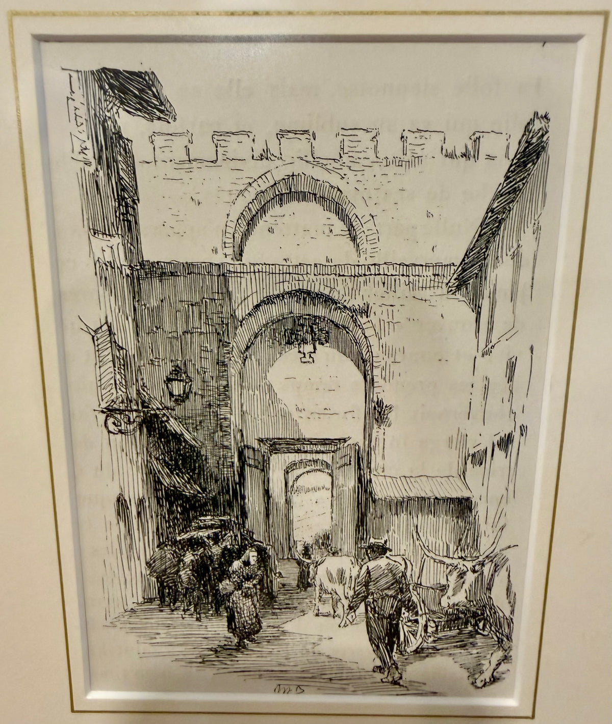 Antique 1903 Nelly Erichsen "Porta Romana, Siena" Italian Architecture Book Plate Print in Ornate Baroque Revival Gilt Frame