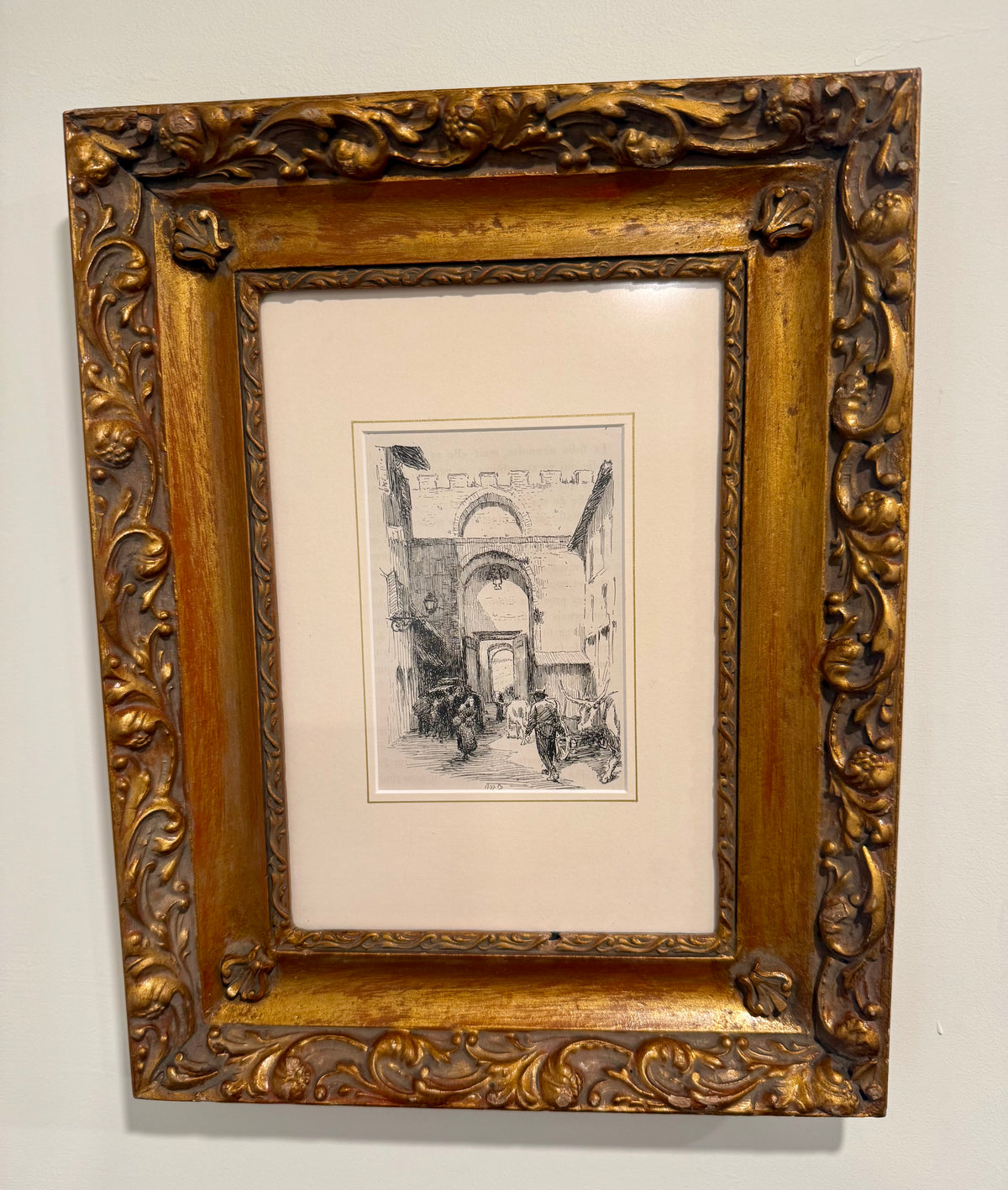 Antique 1903 Nelly Erichsen "Porta Romana, Siena" Italian Architecture Book Plate Print in Ornate Baroque Revival Gilt Frame