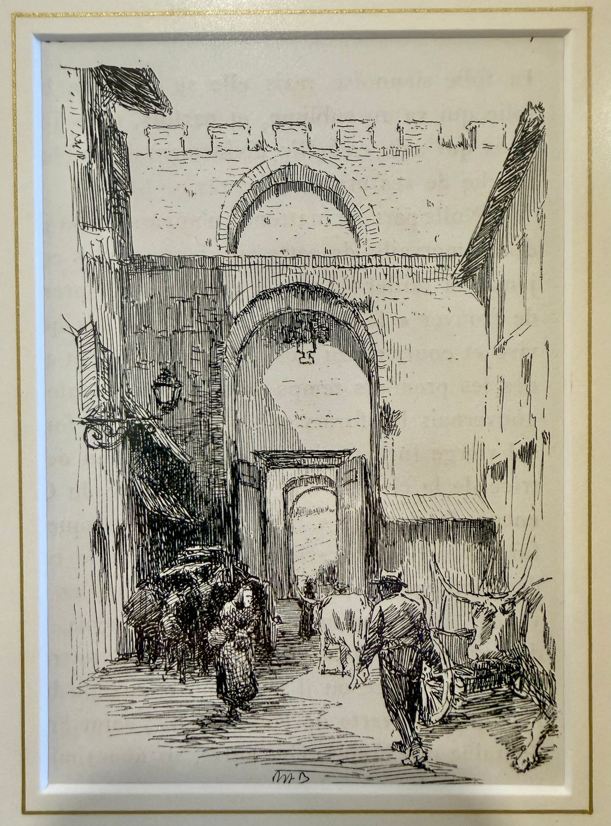 Antique 1903 Nelly Erichsen "Porta Romana, Siena" Italian Architecture Book Plate Print in Ornate Baroque Revival Gilt Frame