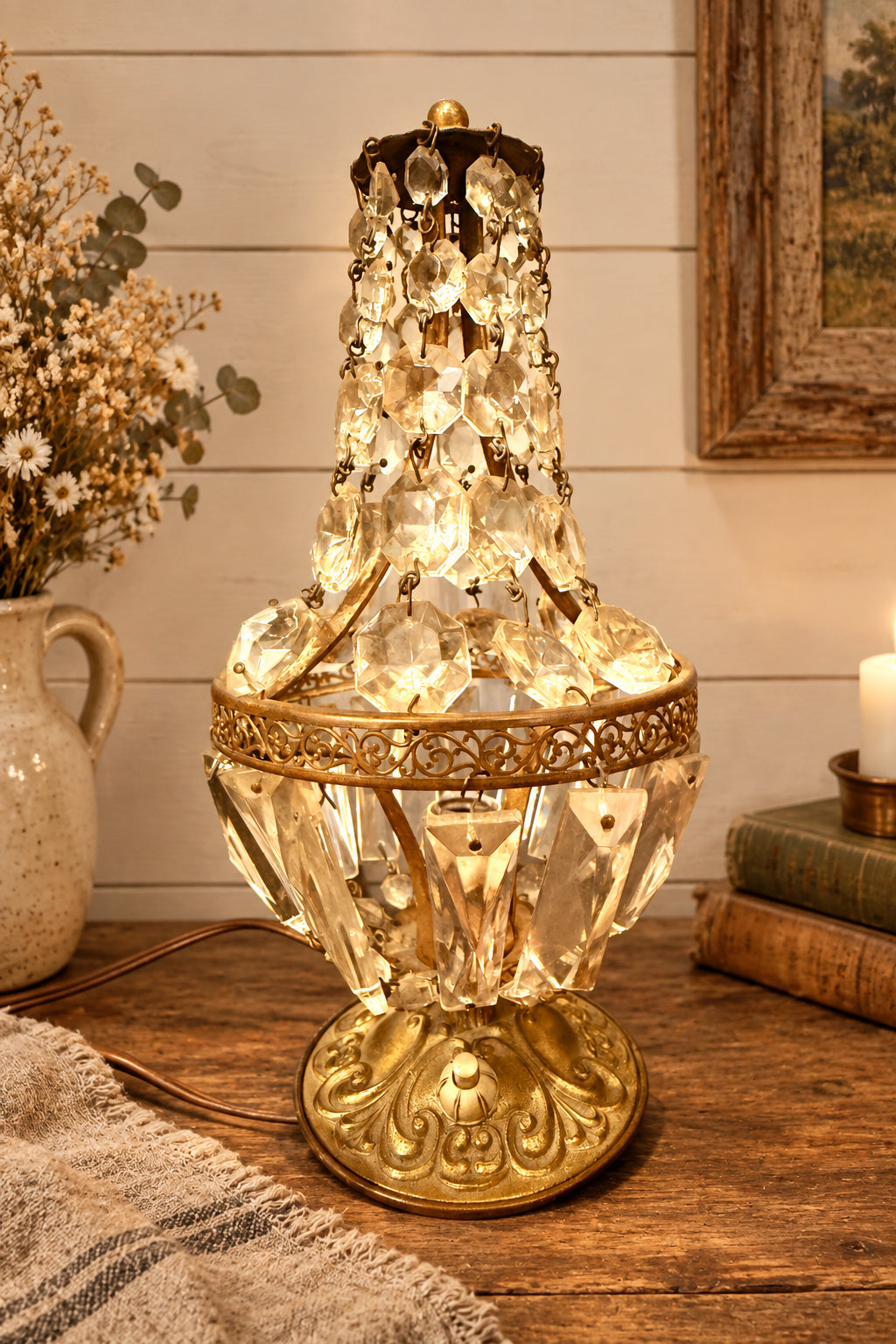 Vintage Hollywood Regency Brass and Crystal Basket Boudoir Table Lamp – Mid-Century French Empire Style