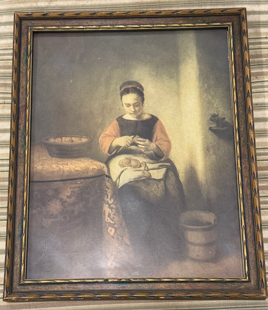 Antique Nicolaes Maes Young Woman Peeling Apples Framed Print Dutch Golden Age Baroque Wall Art