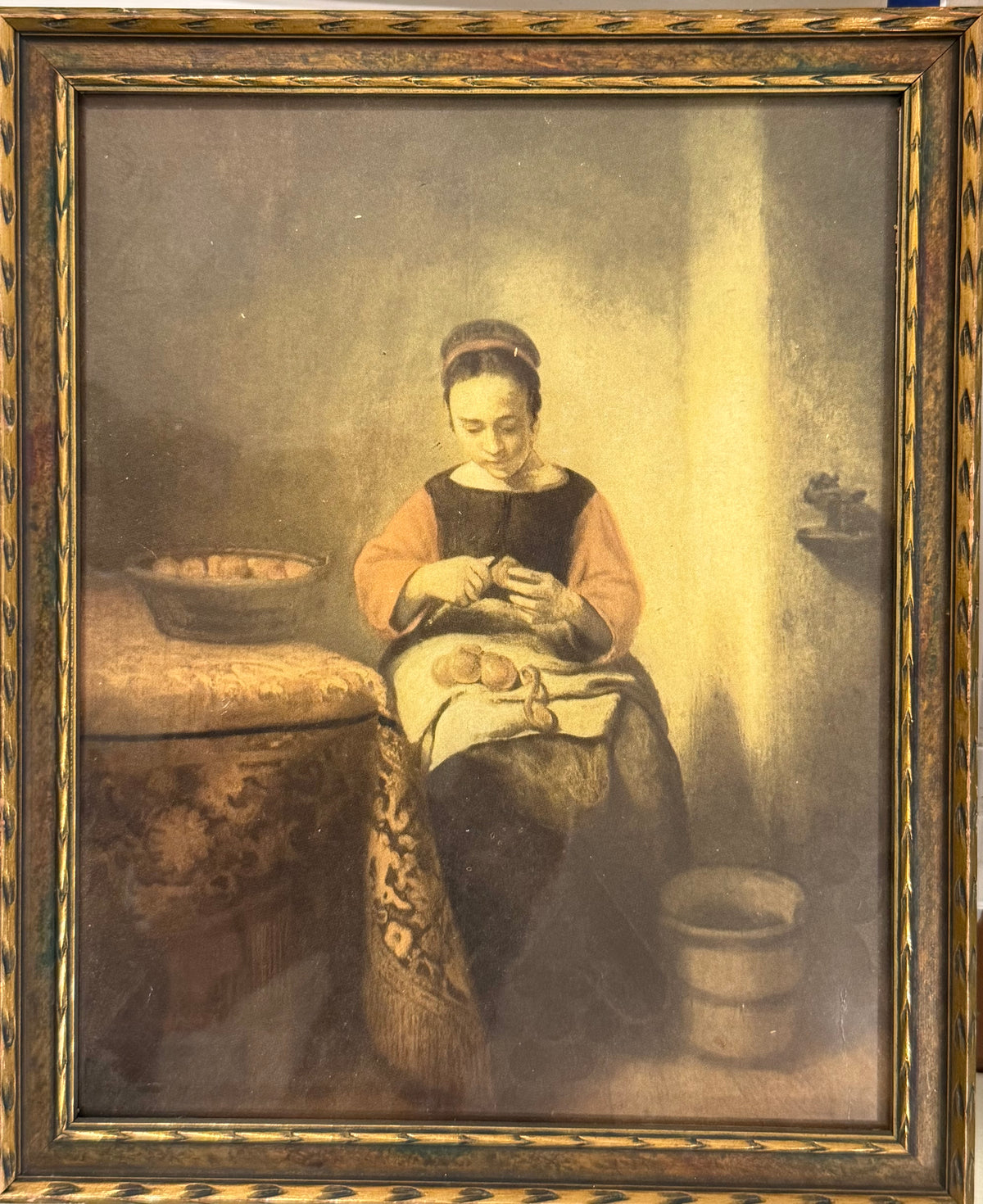 Antique Nicolaes Maes "Young Woman Peeling Apples" Framed Print – Dutch Golden Age Baroque Wall Art