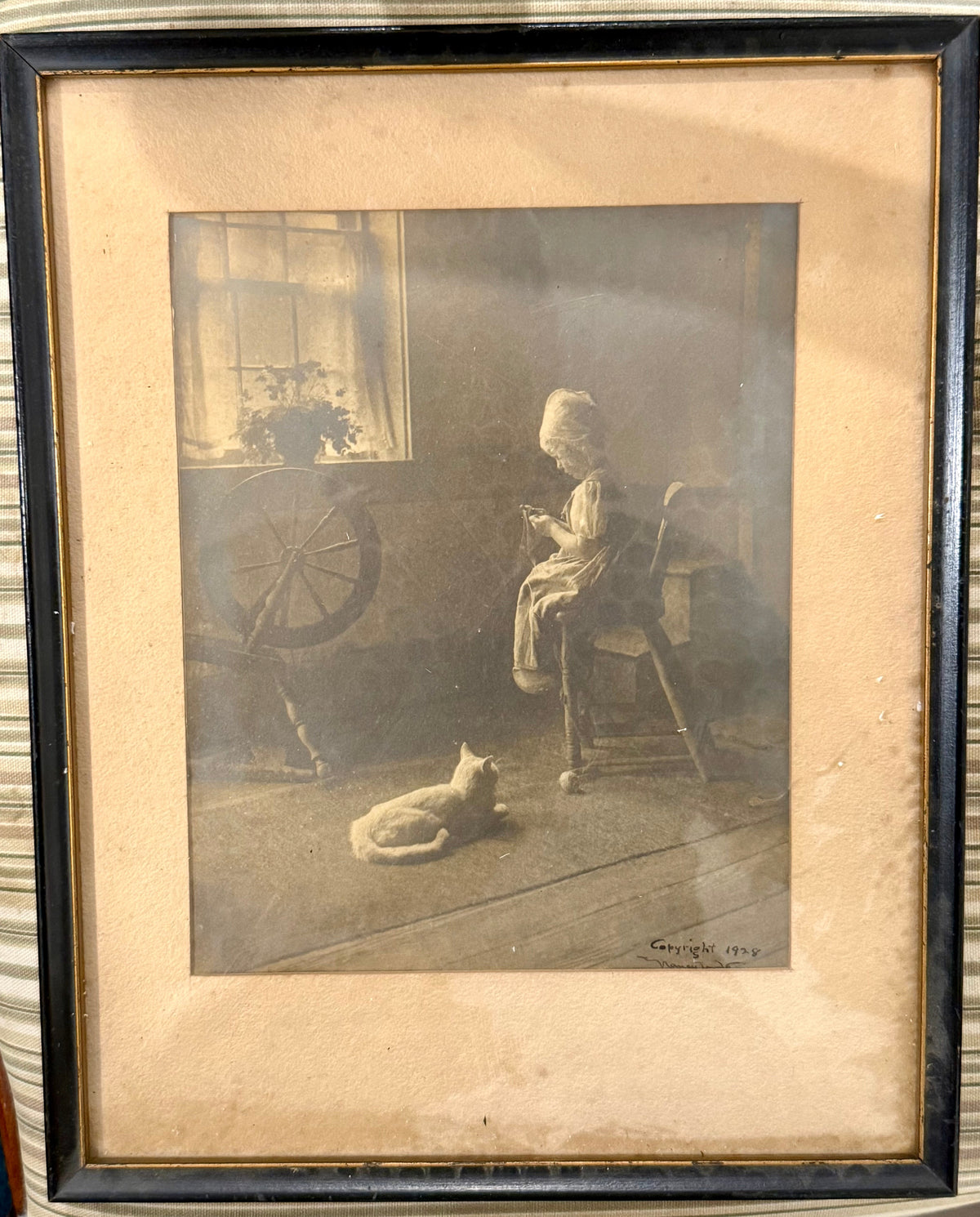 Vintage 1928 "Priscilla Spinning" Colonial Revival Framed Art Print