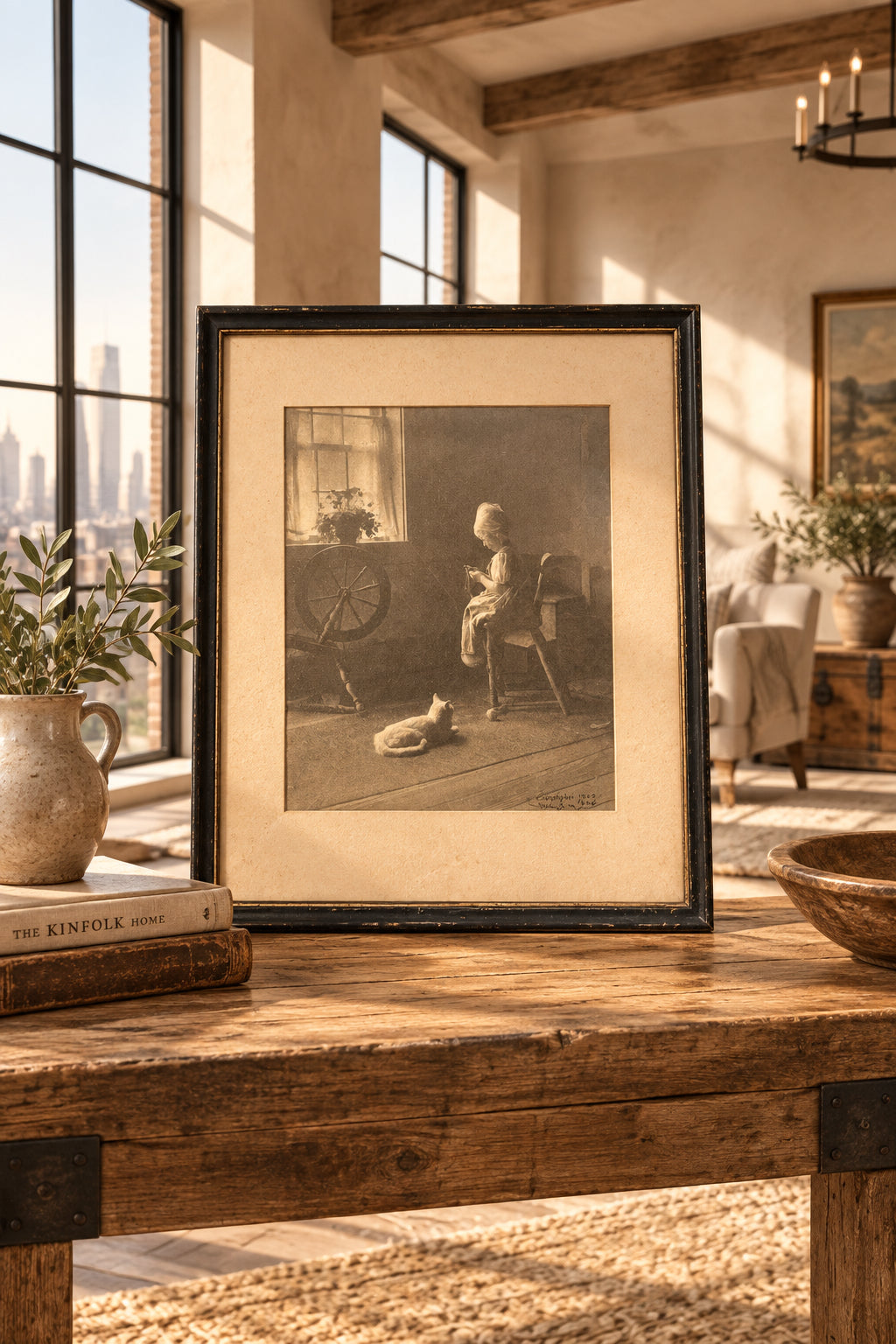 Vintage 1928 "Priscilla Spinning" Colonial Revival Framed Art Print