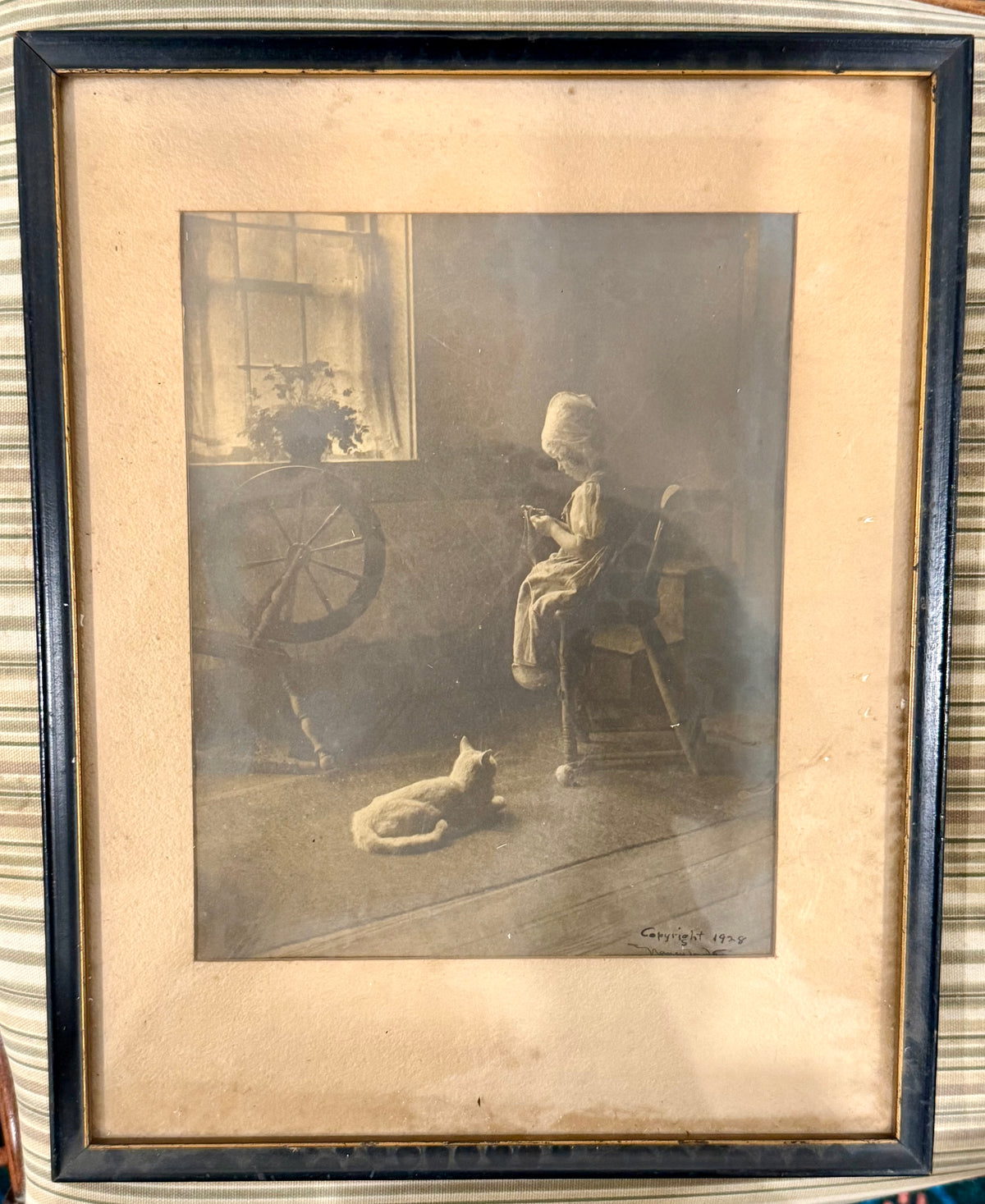 Vintage 1928 "Priscilla Spinning" Colonial Revival Framed Art Print