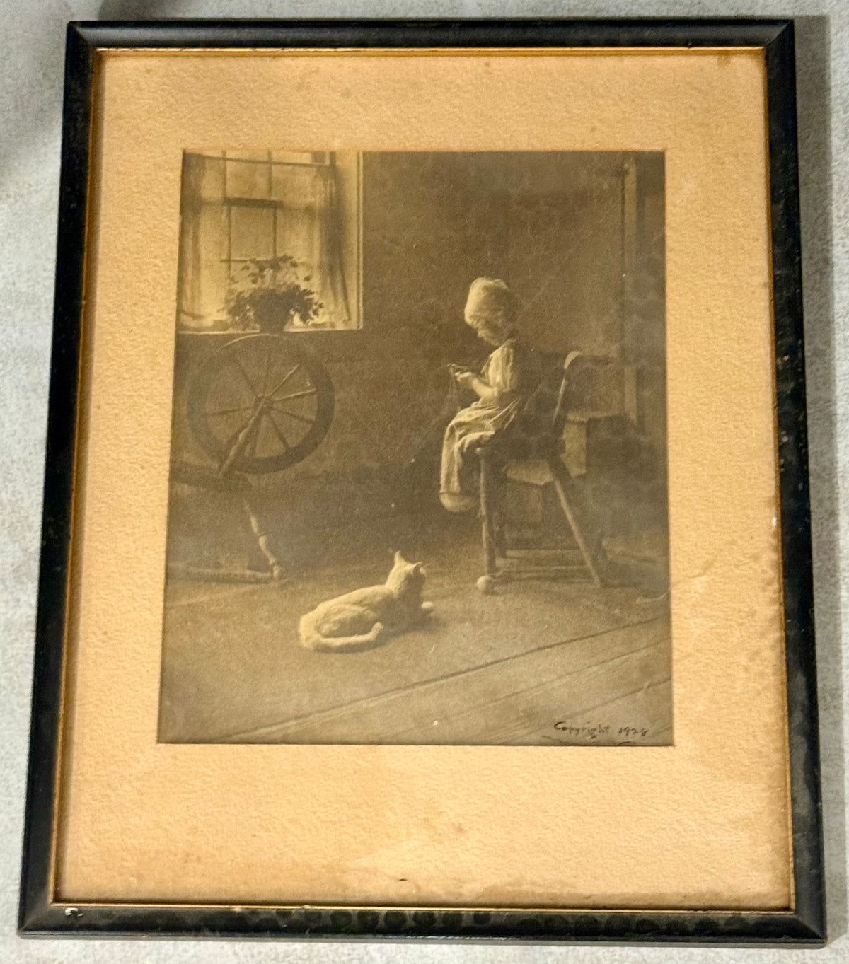 Vintage 1928 "Priscilla Spinning" Colonial Revival Framed Art Print