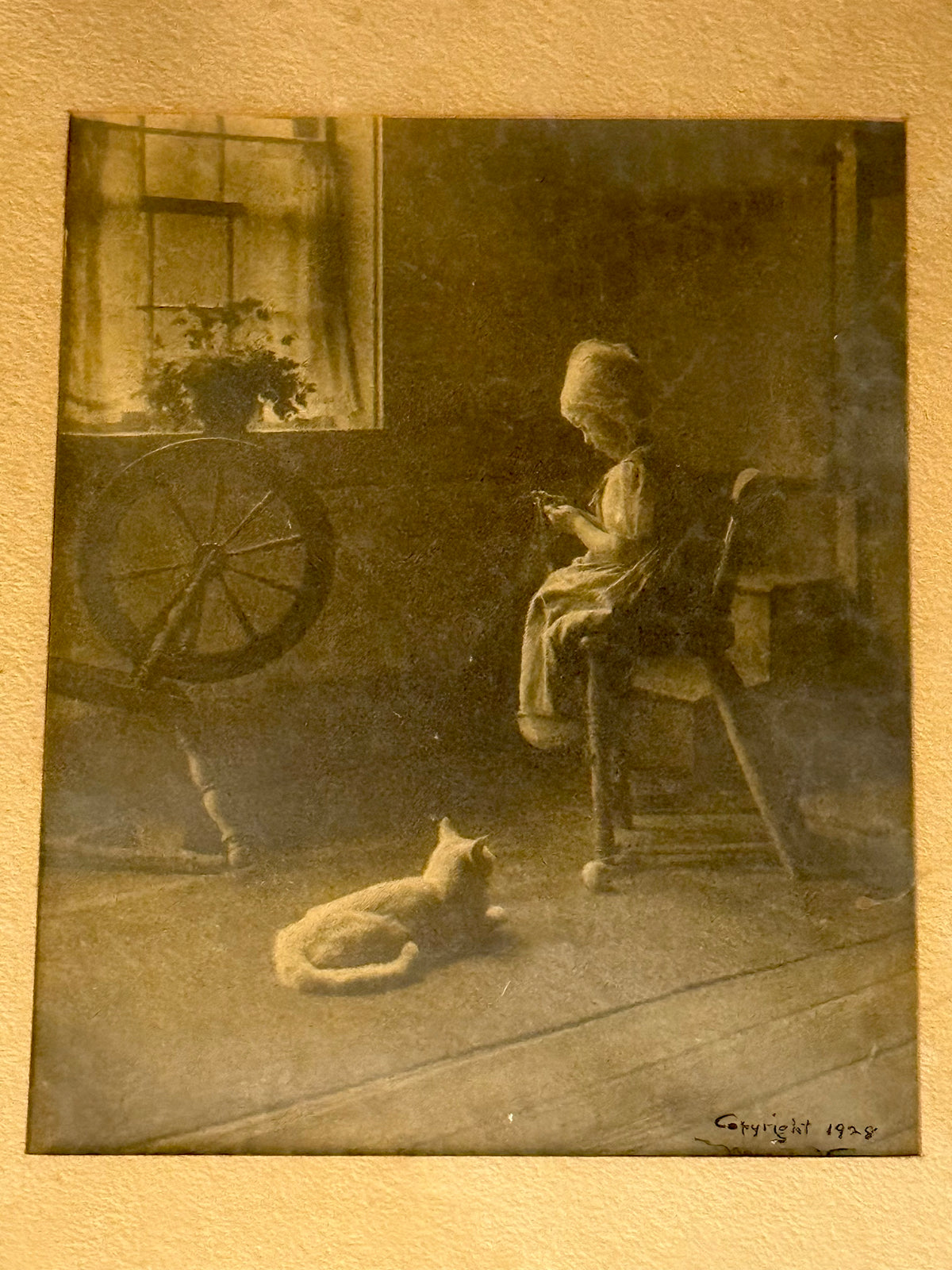 Vintage 1928 "Priscilla Spinning" Colonial Revival Framed Art Print