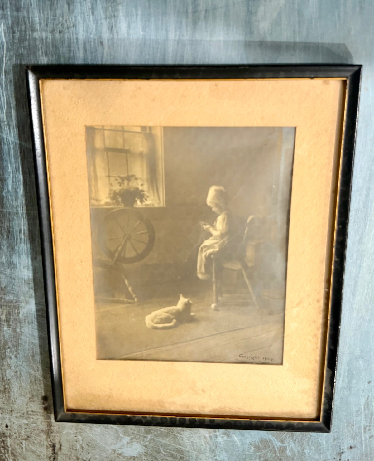 Vintage 1928 "Priscilla Spinning" Colonial Revival Framed Art Print