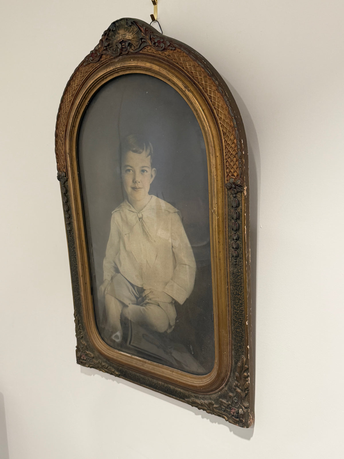 Antique c.1910 Sailor Suit Boy Crayon Portrait in Large Edwardian Arched Gesso Frame with Convex Bubble Glass