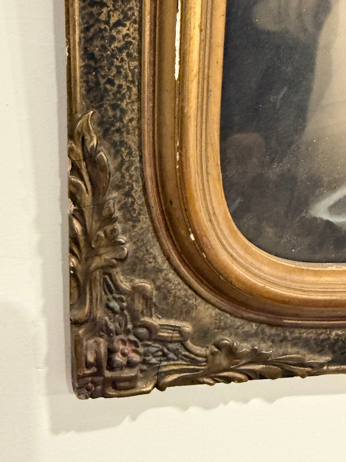 Antique c.1910 Sailor Suit Boy Crayon Portrait in Large Edwardian Arched Gesso Frame with Convex Bubble Glass