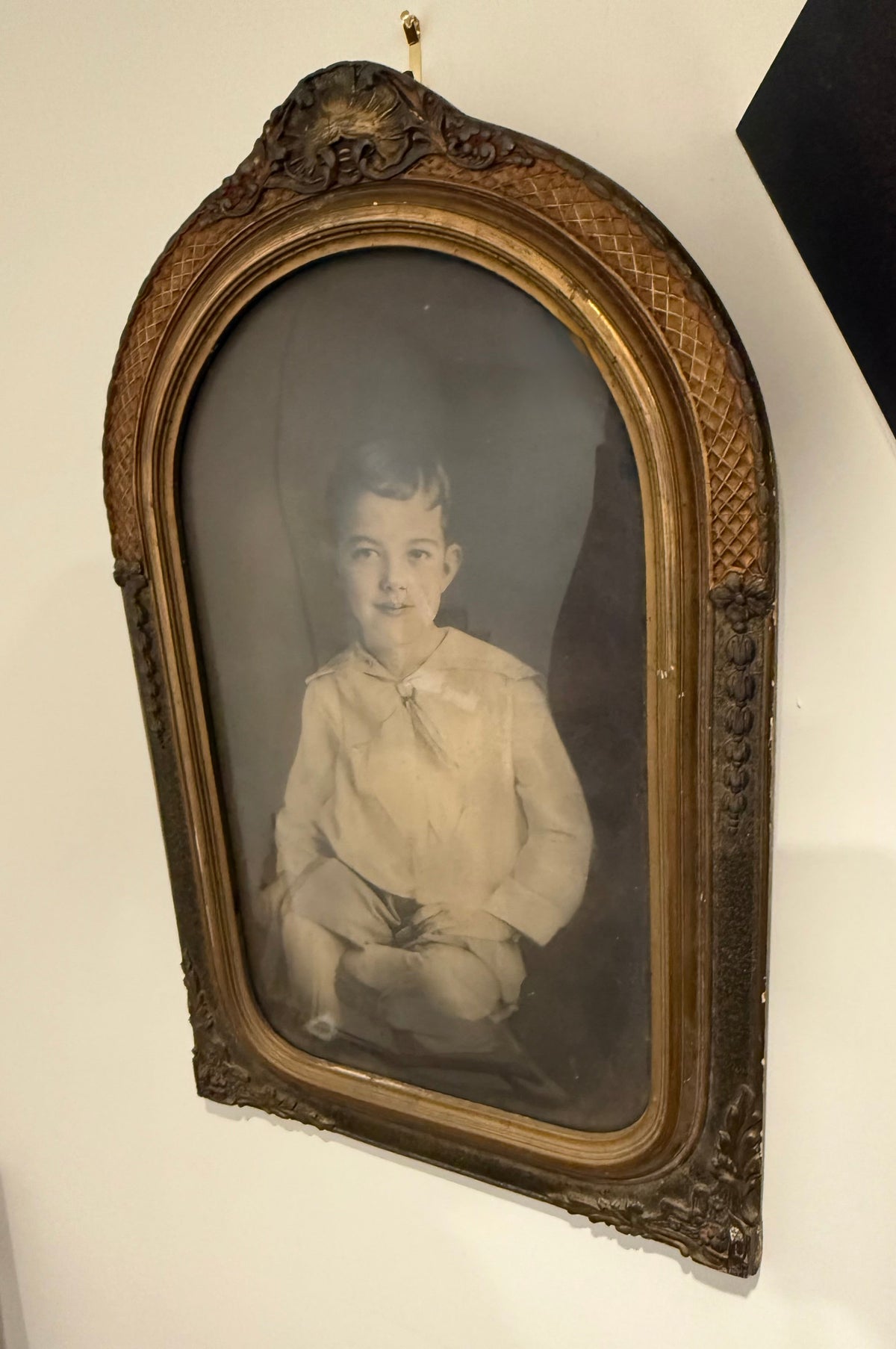 Antique c.1910 Sailor Suit Boy Crayon Portrait in Large Edwardian Arched Gesso Frame with Convex Bubble Glass