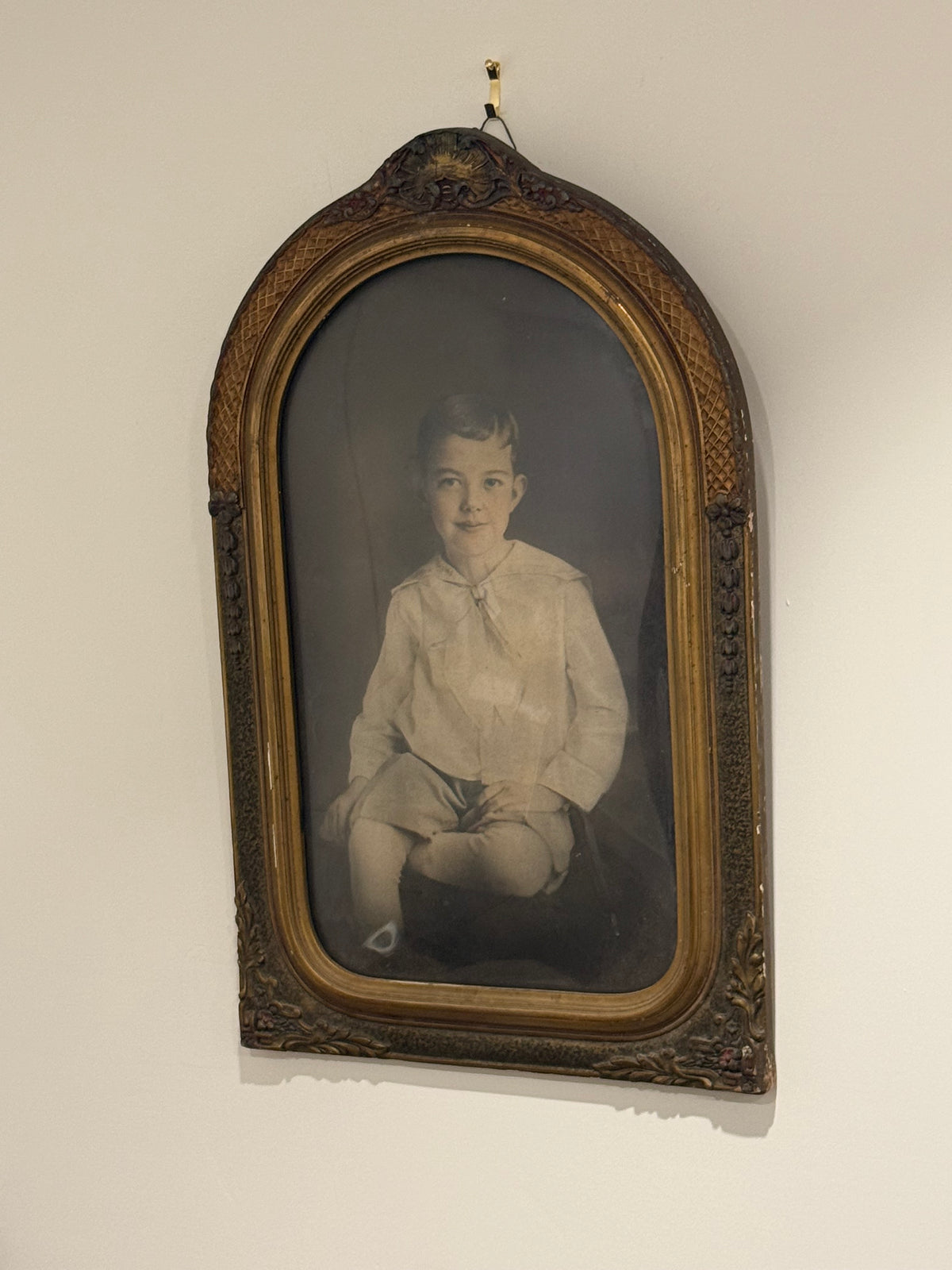 Antique c.1910 Sailor Suit Boy Crayon Portrait in Large Edwardian Arched Gesso Frame with Convex Bubble Glass