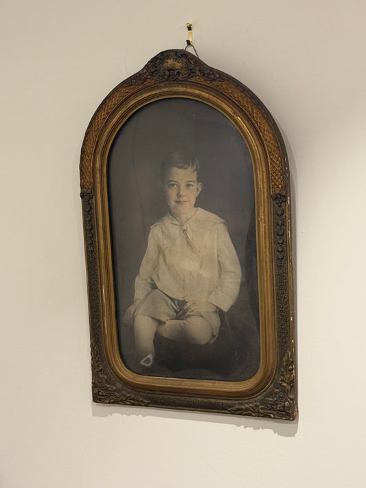 Antique 1910 Sailor Suit Boy Crayon Portrait In Large Edwardian Arched Gesso Frame with Convex Bubble Glass