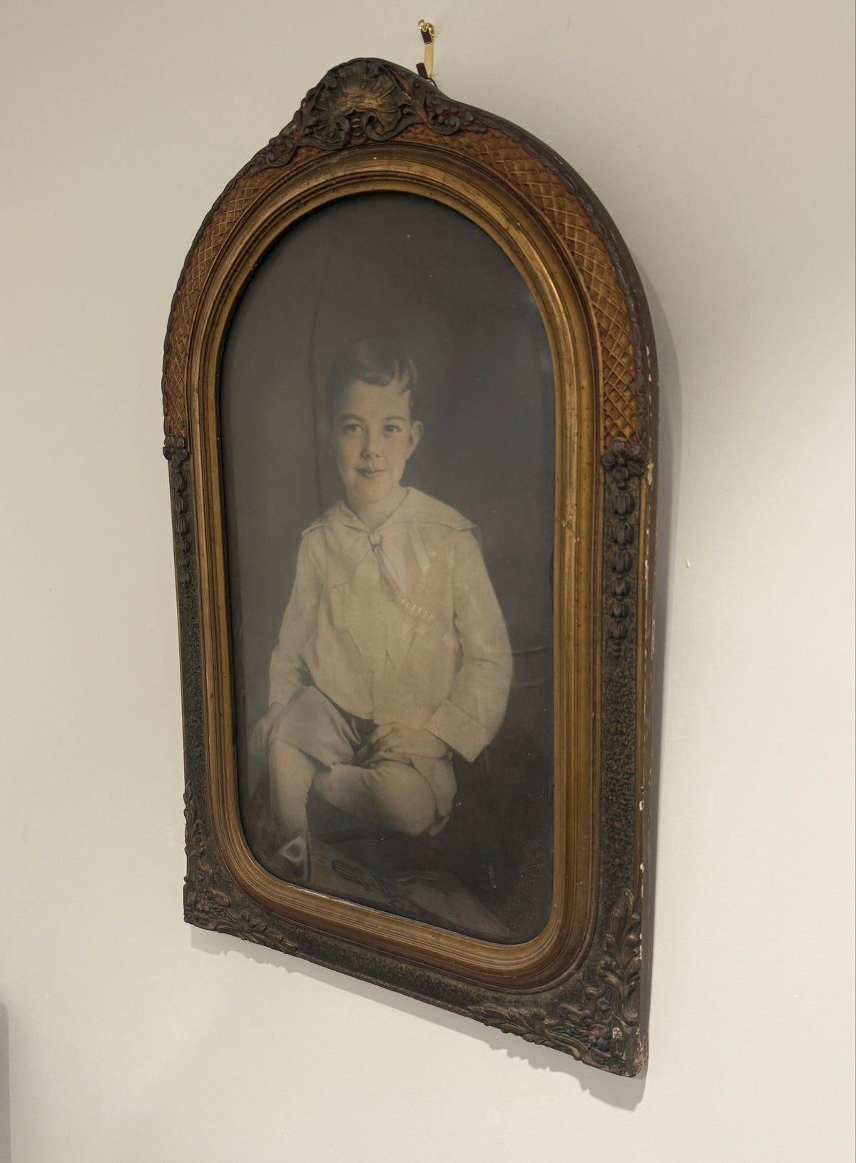 Antique c.1910 Sailor Suit Boy Crayon Portrait in Large Edwardian Arched Gesso Frame with Convex Bubble Glass