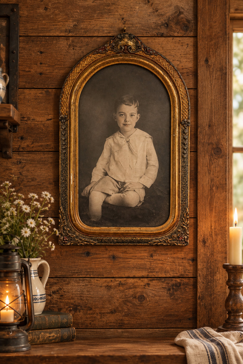 Antique c.1910 Sailor Suit Boy Crayon Portrait in Large Edwardian Arched Gesso Frame with Convex Bubble Glass