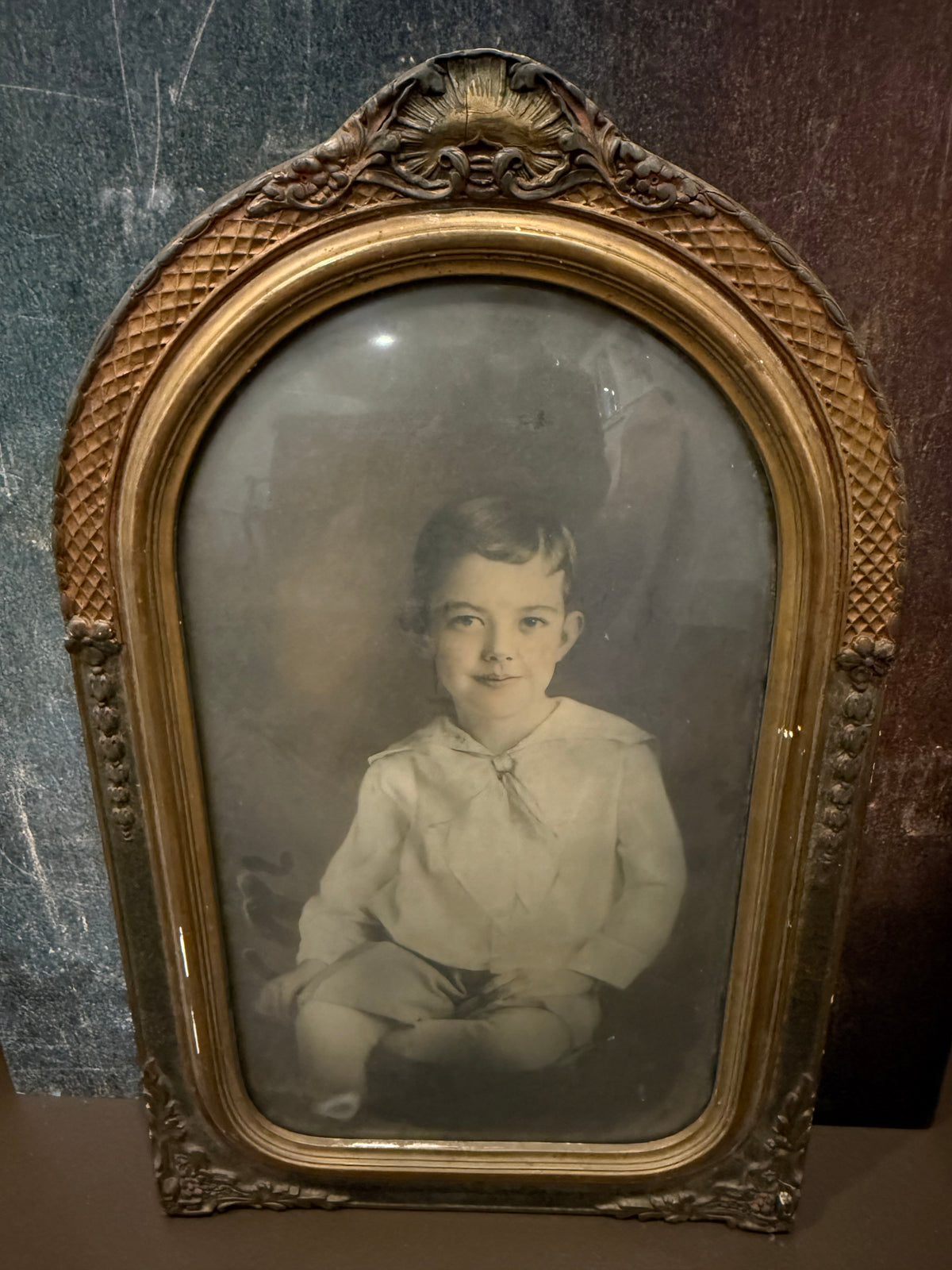 Antique c.1910 Sailor Suit Boy Crayon Portrait in Large Edwardian Arched Gesso Frame with Convex Bubble Glass