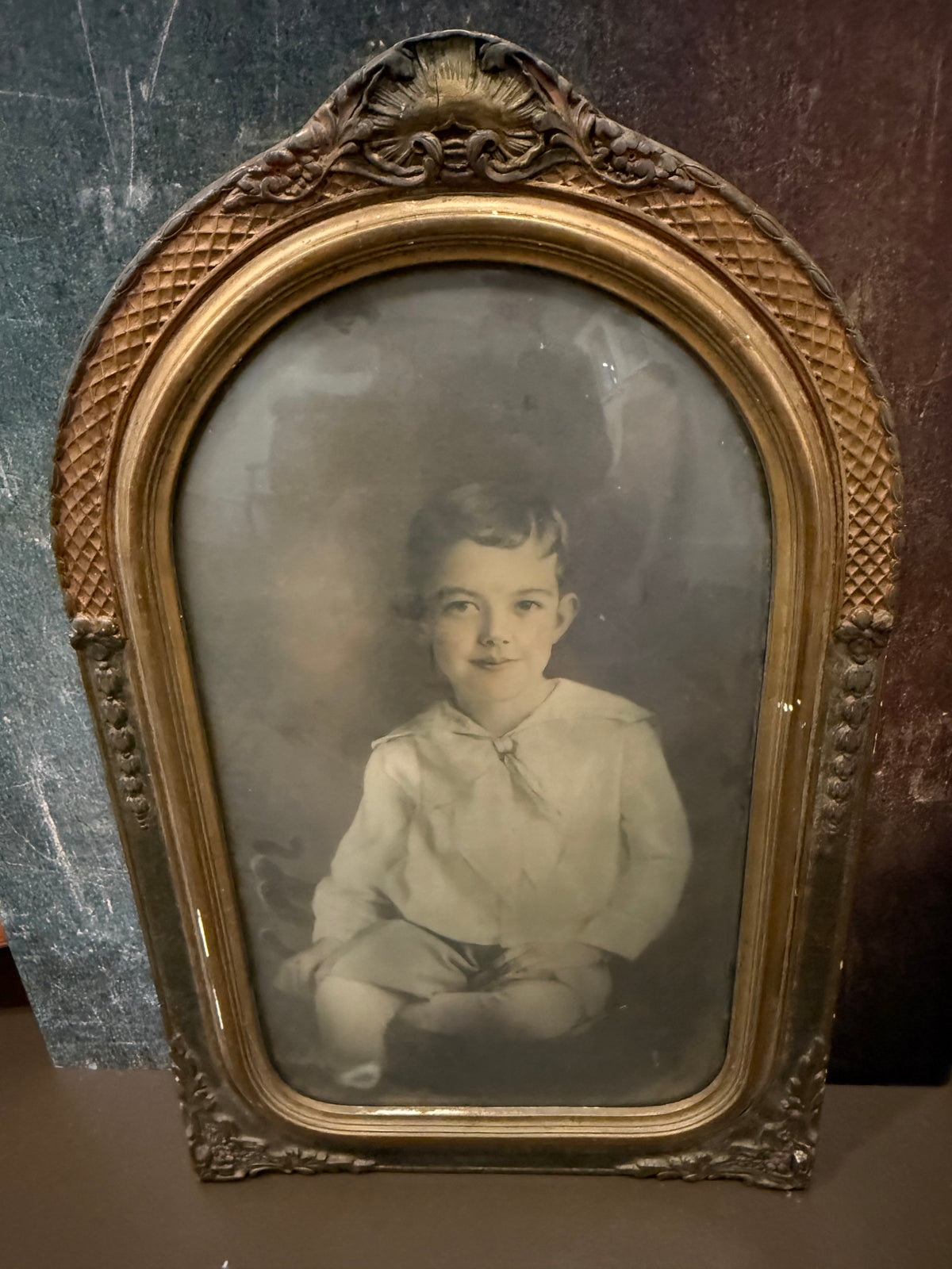 Antique c.1910 Sailor Suit Boy Crayon Portrait in Large Edwardian Arched Gesso Frame with Convex Bubble Glass