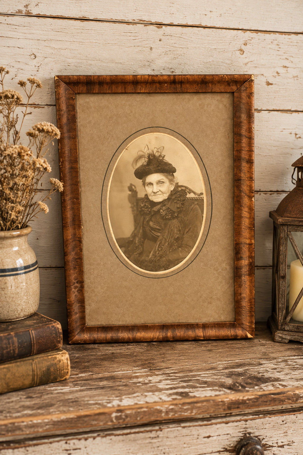 Antique c.1900 Victorian Eldress Portrait in Wide Tiger Grain Flamed Wood Frame – Moody Matriarch Wall Art