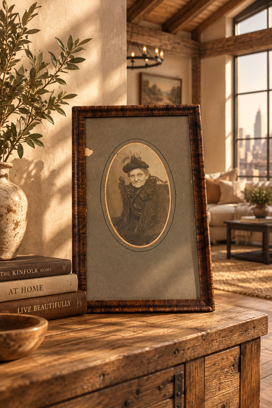 Antique 1900 Victorian Eldress Portrait In Wide Tiger Grain Flamed Wood Frame Moody Matriarch Wall Art